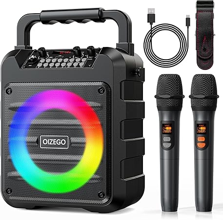Karaoke Machine - Portable Bluetooth Speaker with 2 Wireless Microphones for Adults & Kids with Lights, PA System Speaker Supports TF Card/USB, AUX in, REC, Bass & Treble for Party/Meeting