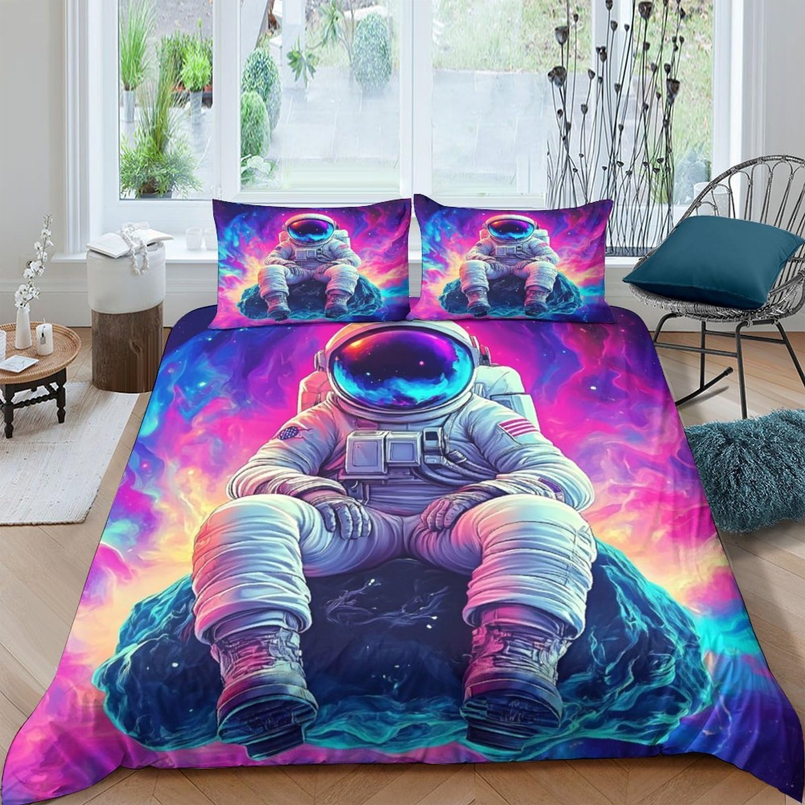 GPLZQXKJNH 3D Printed Astronaut Space Duvet Cover Microfiber Colourful Nebula Bedding Set with 2 Pillowcases for Bedroom Decor Single（135x200cm）