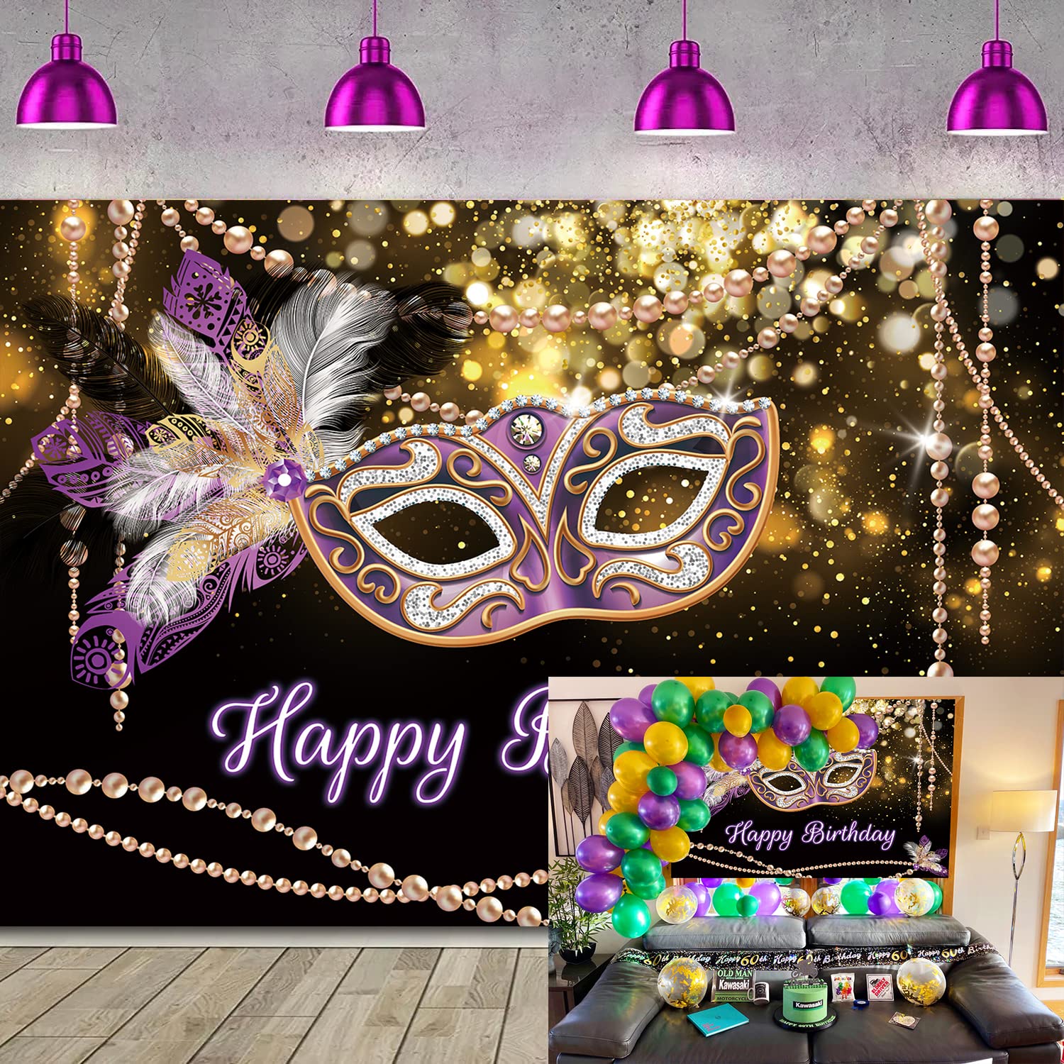 Masquerade Happy Birthday Backdrop 8x6FT Mardi Gras Party Decoration Crystal Feather Purple Mask Glitter Background for Photography Carnival Dress-up Evening Party Photo Props