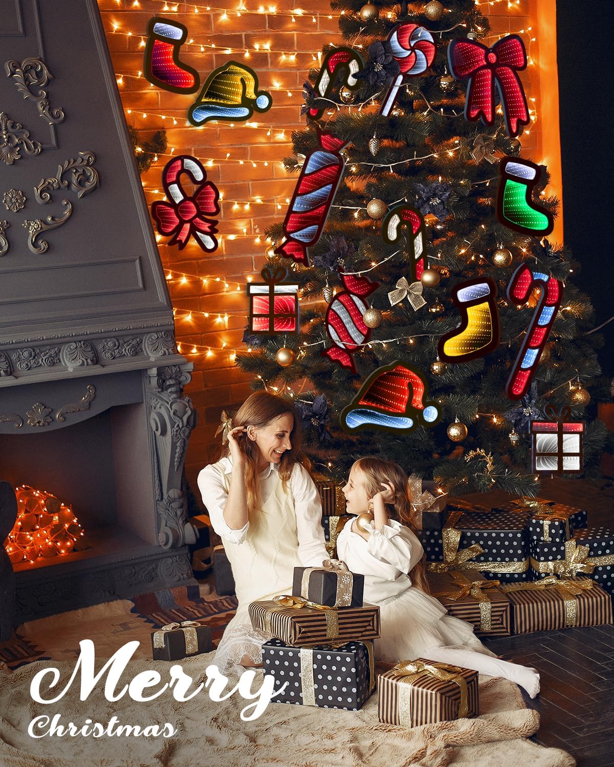 Christmas Infinity Lights, 14'' led Christmas Decorations Lights 3 Pack Bow,Candy Cane, Party &Tree Door Glass Decoror