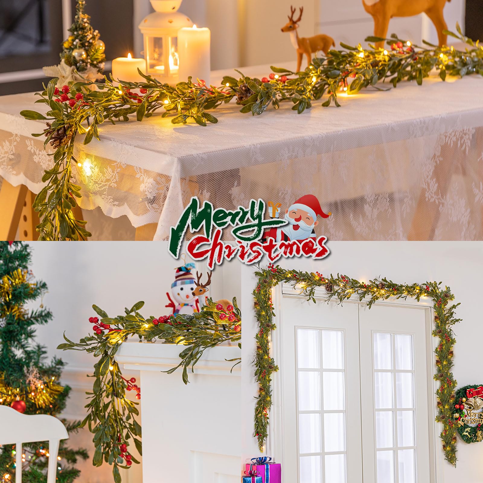 SLPBABY Beleuchtete Weihnachtsgirlande mit 20 LED-Lichtern, beflockte Girlande verziert mit Tannenzapfen, rote Beere, batteriebetrieben mit Timer für Kaminsims, Treppen, Innen- und Außendekorationen
