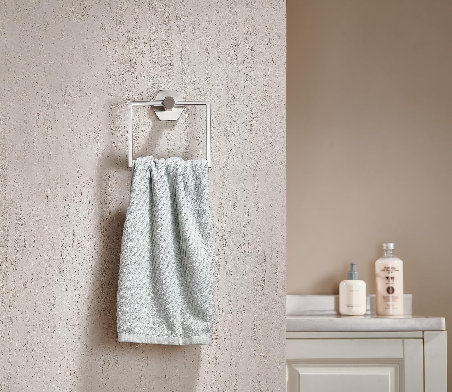 MIYILI Brushed Stainless Steel Towel Ring Modern Hexagonal Base Bathroom Hand Towel Rack Wall Mounted Towel Holder
