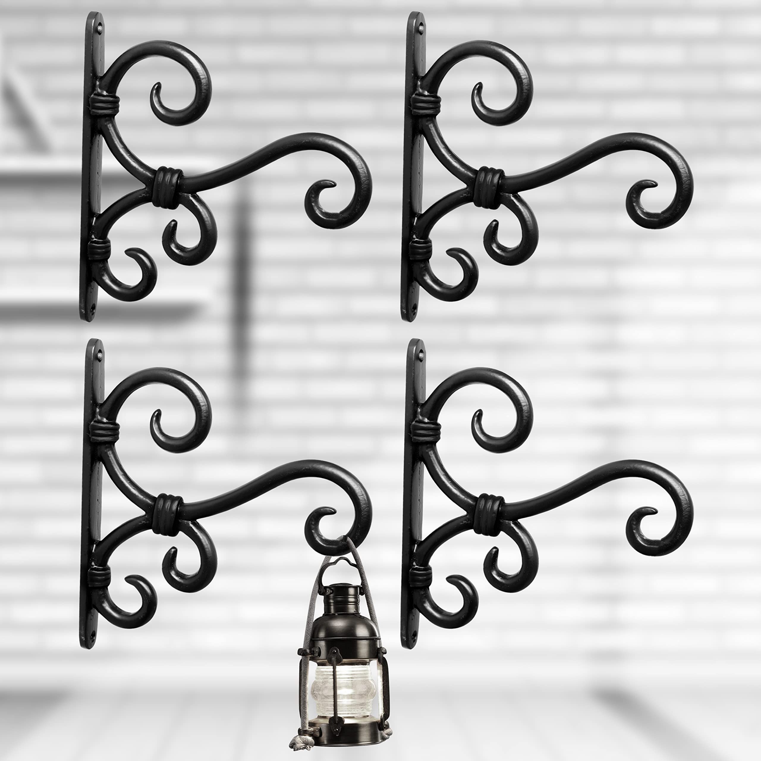 Metal Wall Hook Hanging Plant Bracket Decorative Straight Plant Hanger for Pots, Bird Feeder, Planters, Lanterns, Macramé, Wind Chimes Indoor Outdoor, (Pack of 4, Black)