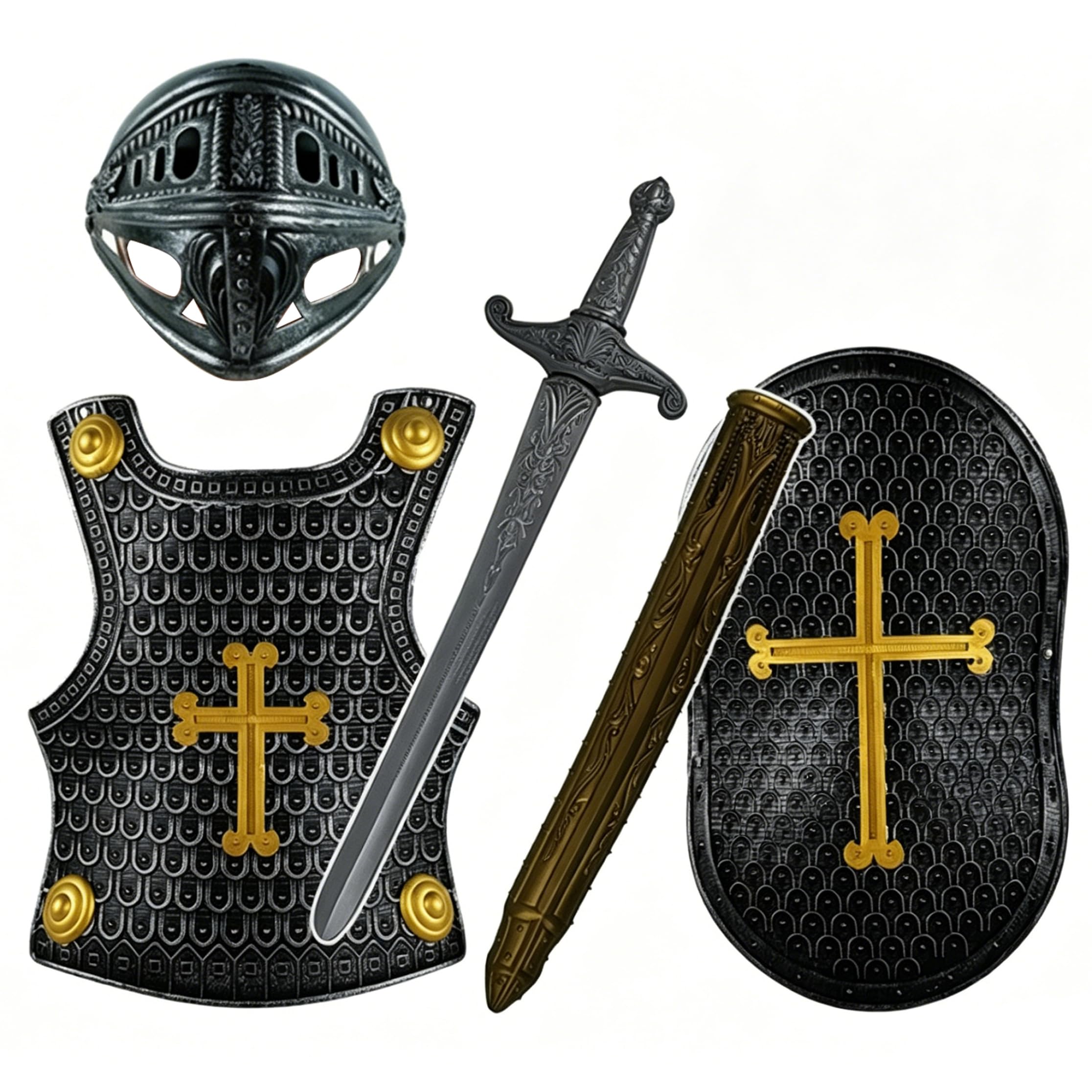 Disfraz de caballero de 4 piezas, disfraz de caballero para niños, armadura medieval de cruz vintage con espada, escudo y casco, ligero para juego de rol y actuación, color negro