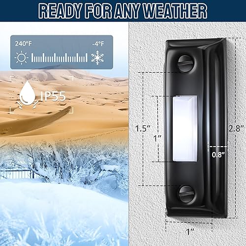 Miniatura 2 de Dreyoo Paquete de 1 botón de metal para timbre de puerta, timbre de puerta de metal resistente, botón con cable iluminado LED, timbre de puerta