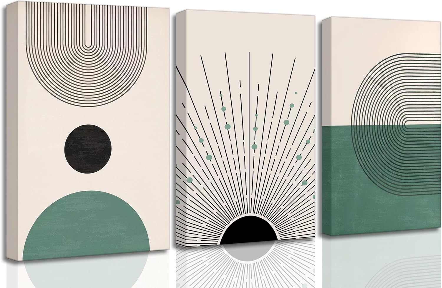 3 Pcs Sage Green Boho Canvas Wall Art Modern Abstract Minimalist Neutral Bohemian Sun Geometric Line Painting Picture Wall Decor Poster Print Artwork for Living Room Bedroom Home Decoration