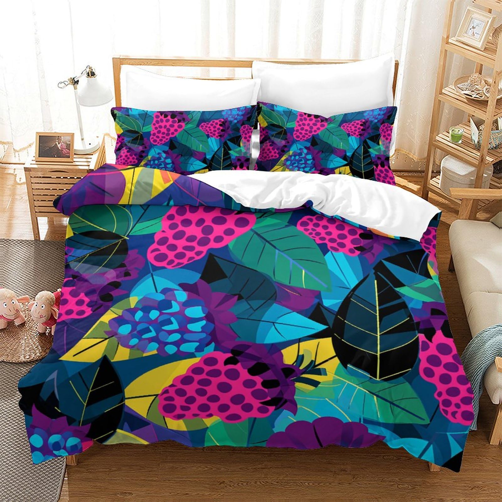 Housse de couette fraises imprimé 3D avec parure de lit microfbre 3 pièces pour lit double 200x200cm