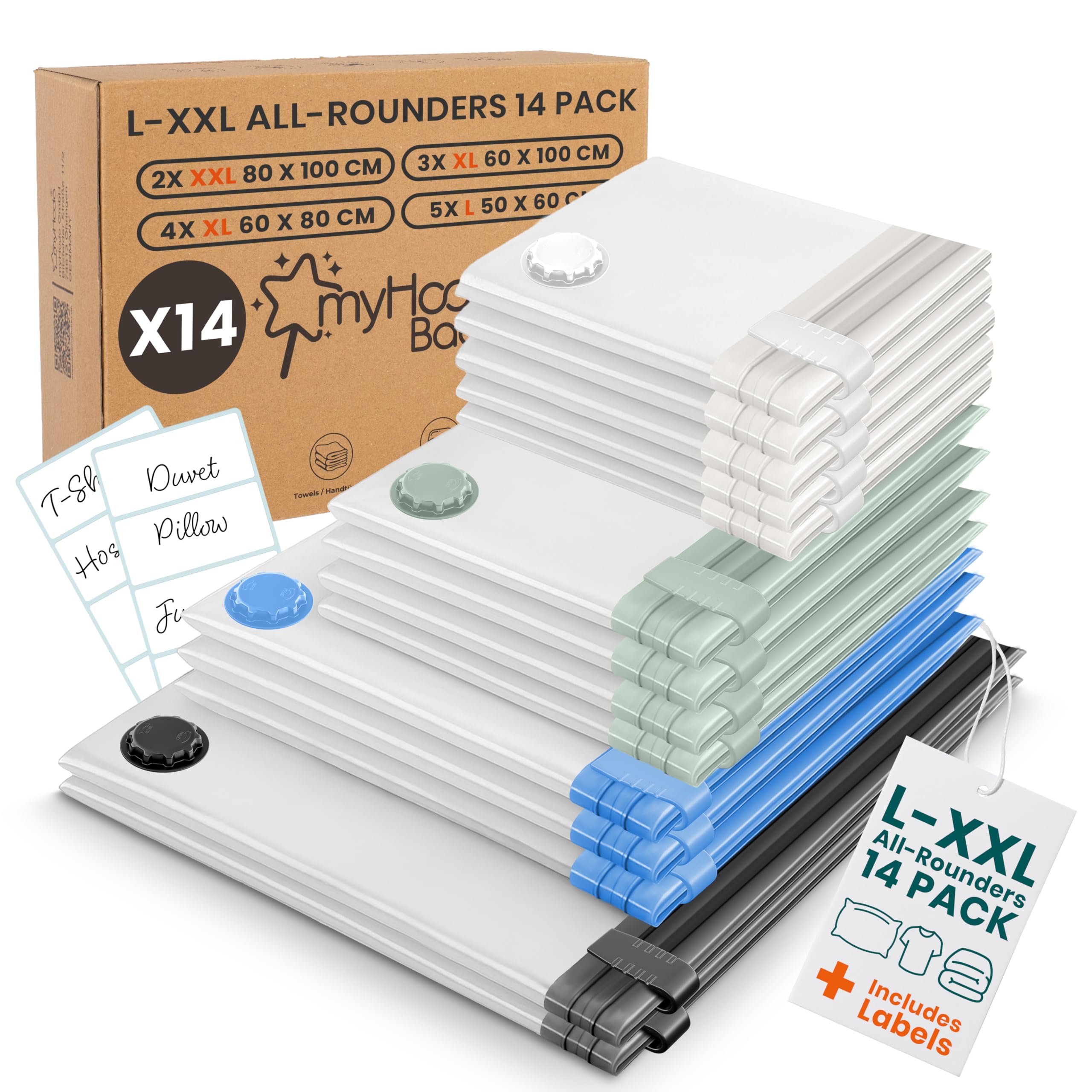 myHodo Vacuum Storage Bags 14-Pack (Mixed Bag Sizes, L-XXL) – Versatile Space Saver Sacs for Clothes, Duvets & Bedding, Durable Double Zip Seal, Easy-to-Use, Smart Compression Solution for Textiles