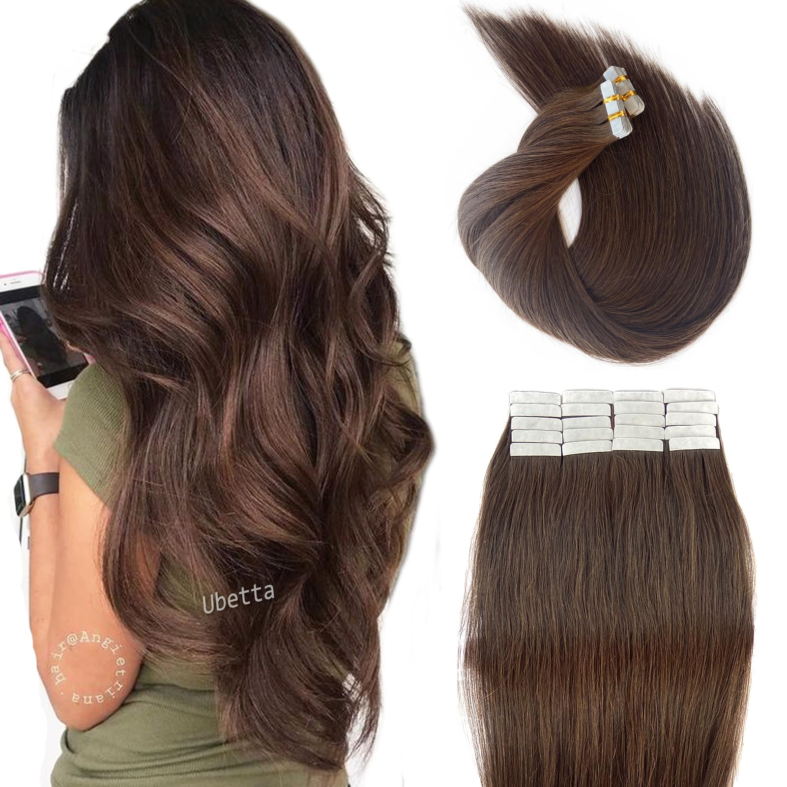 Tape in Hair Extensions Human Hair, Chocolate Brown, 16 Inch 20 Pieces Double Sided Remy for Women - Real Human Hair Tape ins
