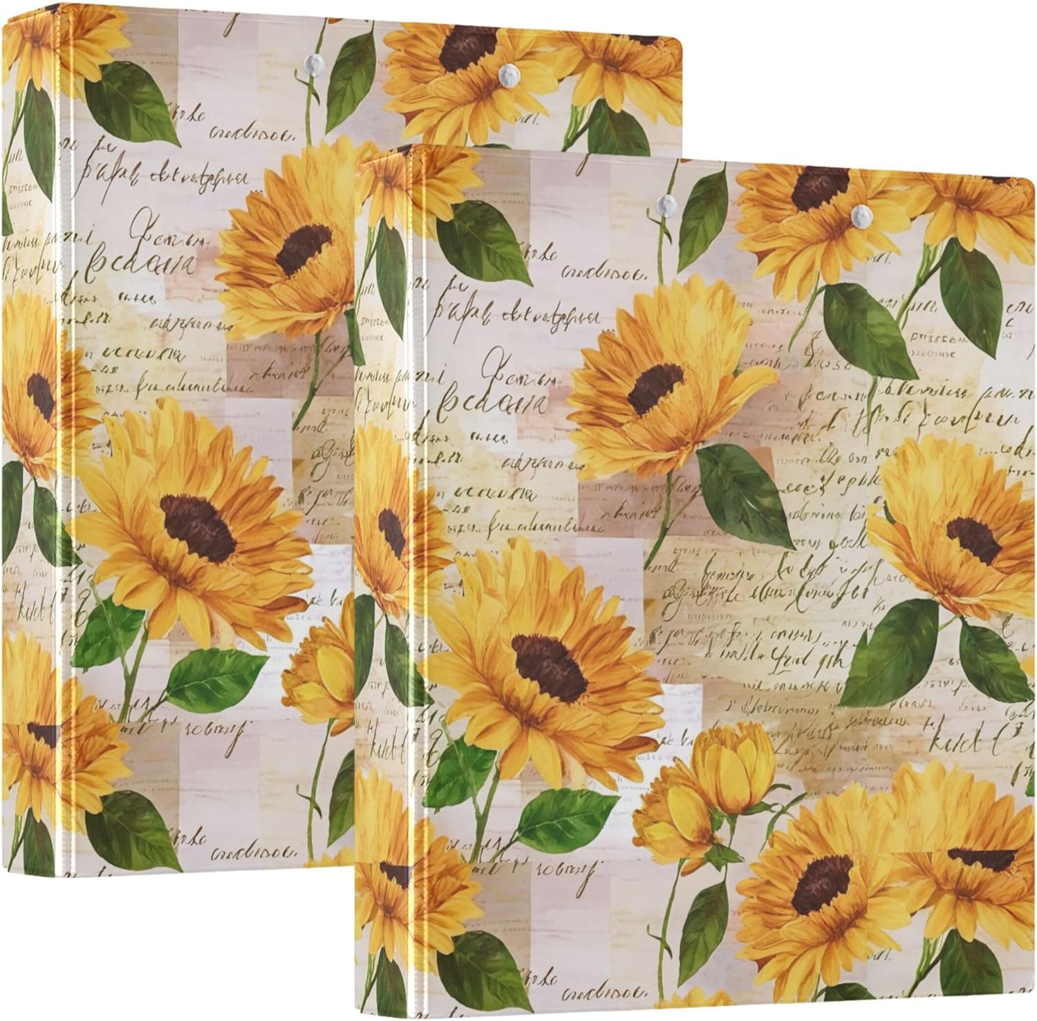 Sunflowers 3 Ring Binders, 1.5” Round Ring Binders with Clipboard - Letter Size, 3 Interior PVC Clear Pockets & Anti-Slip Clip for Office School Supplies, 2PCS