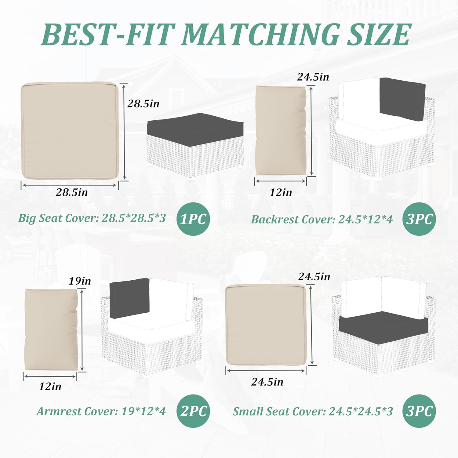 9 Pcs Outdoor Patio Cushions Covers Replacement Waterproof with Zipper for 5 Pcs Patio Furniture Set, Covers Only