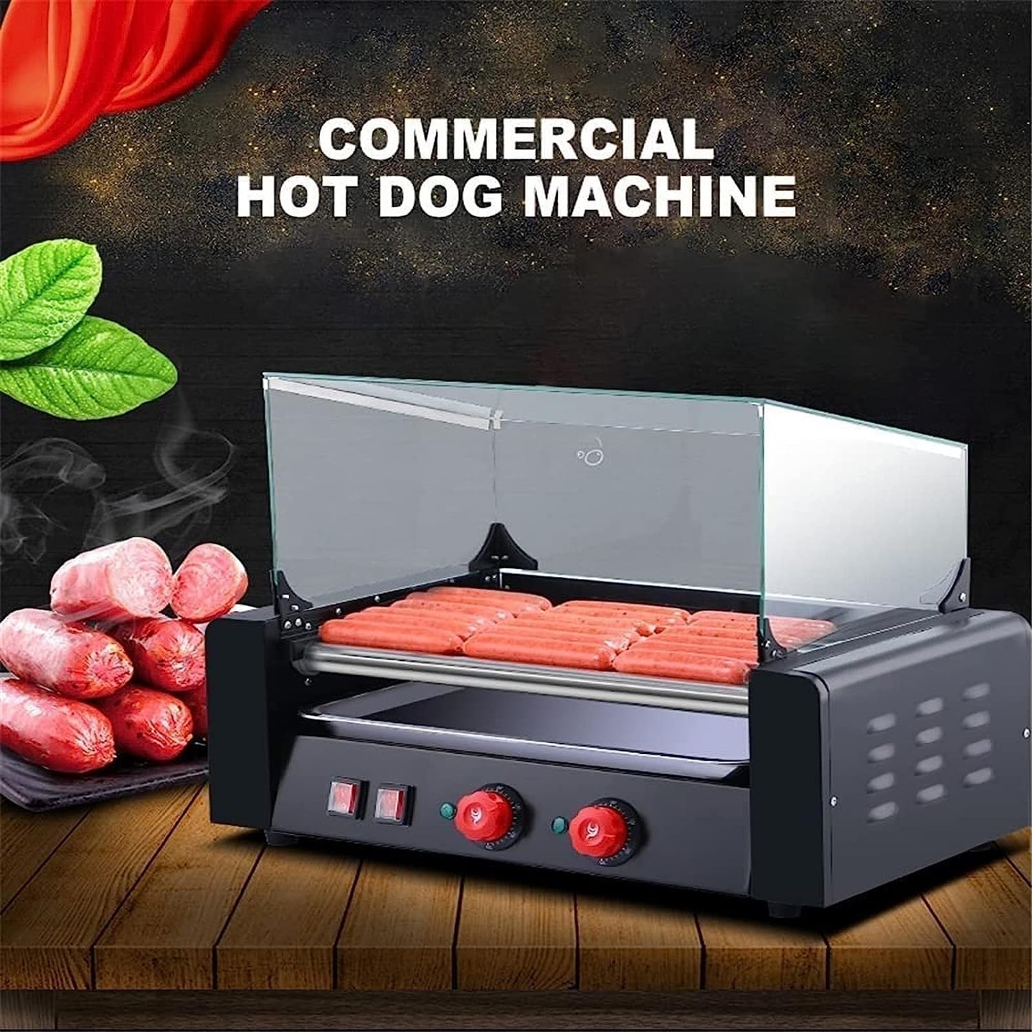 Máquinas para Perritos Calientes Asador automático de Salchichas, Calentador para Perritos Calientes con encimera de Acero Inoxidable, Capacidad
