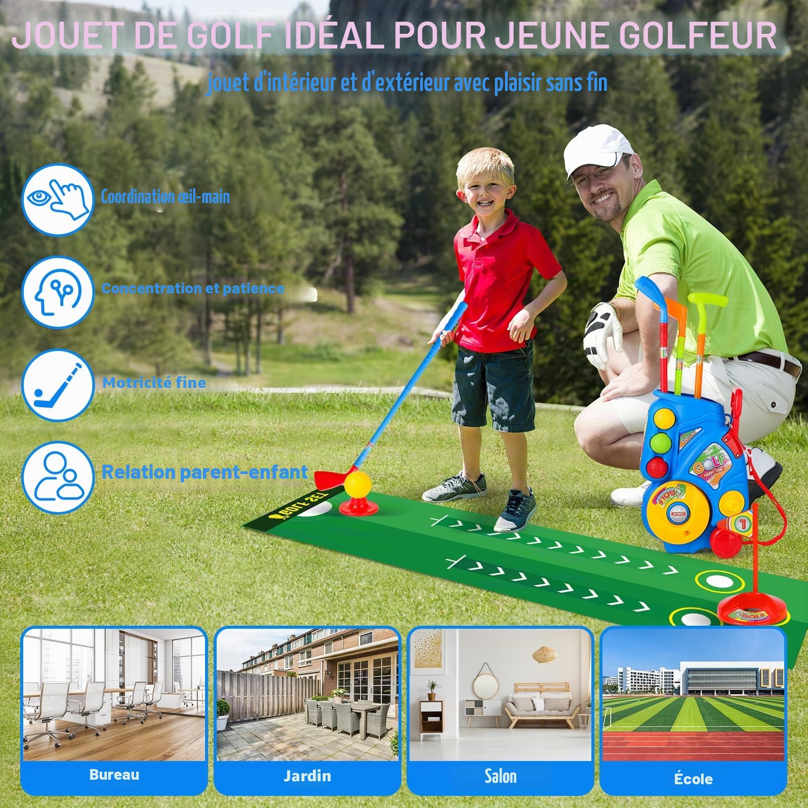 deAO Kit Golf Enfant 3-6 Ans avec 6 Balles + 4 Cannes & 2 Cibles - Jeu Éducatif Motricité Fine Intérieur/Extérieur Mallette Bleu | Idéal Cadeau Garçon Fille