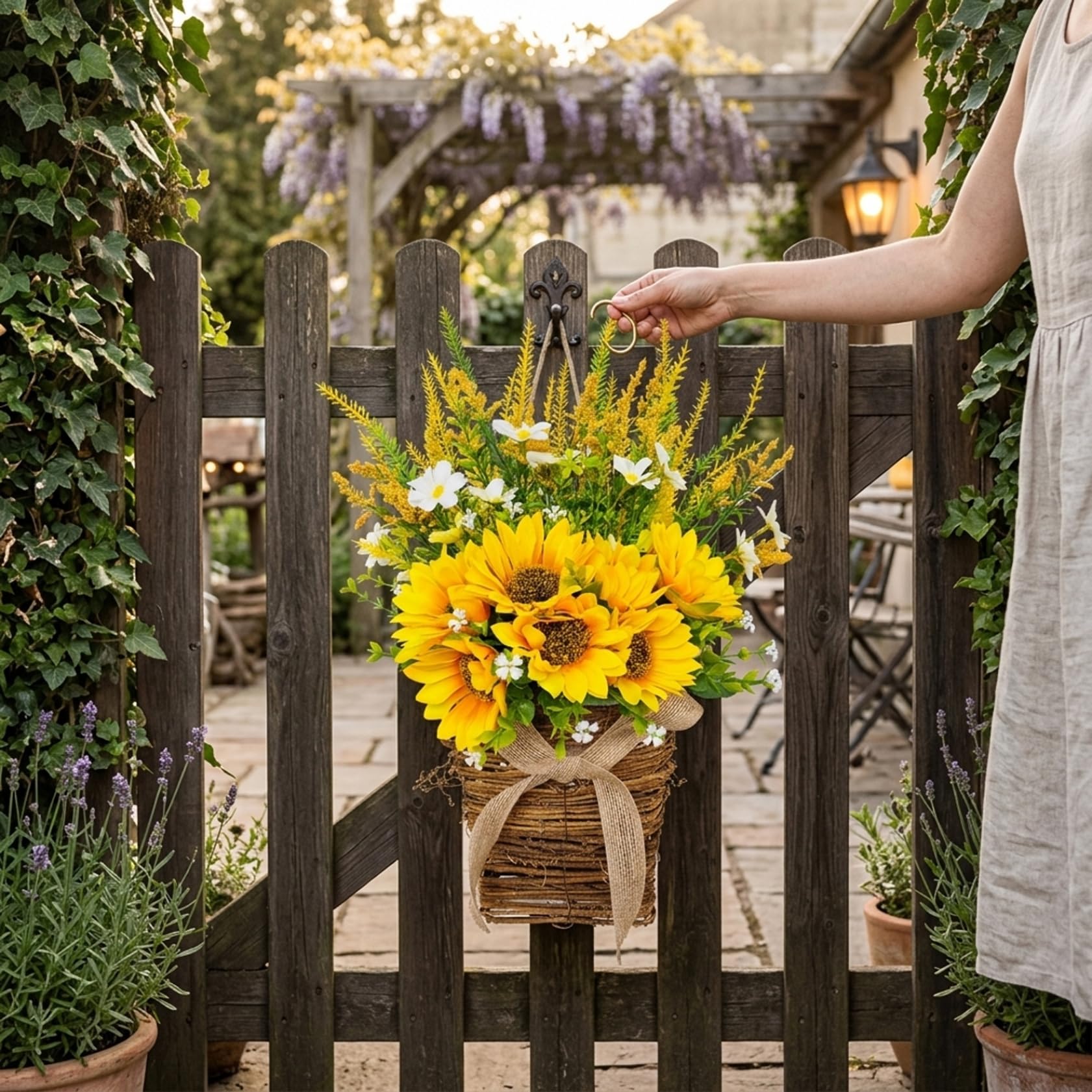 Couronne de Panier pour Porte d'entrée, Couronne de Printemps avec tournesols et nœud en Toile Jute, décoration Murale intérieure et extérieure Ferme Jaune (32 cm), Printemps