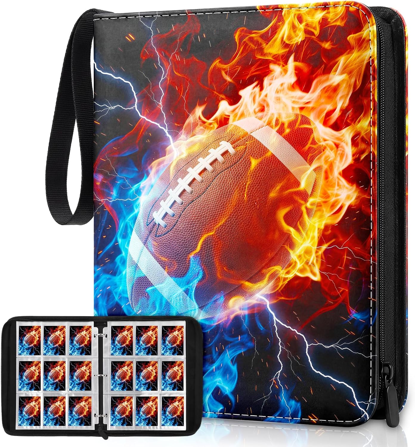 Football Card Binder, Sports Card Binder 9 Pocket Holds up to 900 Pockets with 50 Removable Sleeves, Zipper Football Cards Collection Binder for Sports & TCG Collectors