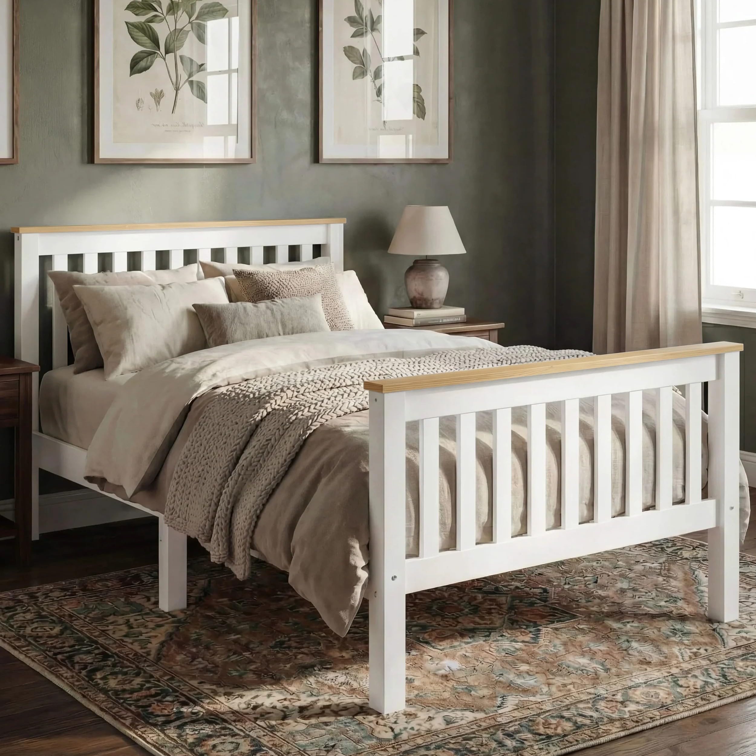 Blisswood Single Bed Frame with Mattress, 3ft Wooden Bed Frame Solid Pine Wood Bed Frames Bedroom Furniture for Adults Kids Bed Frame Headboard And Low Foot, Bed Frames 198L x 98W x 82H White & Pine