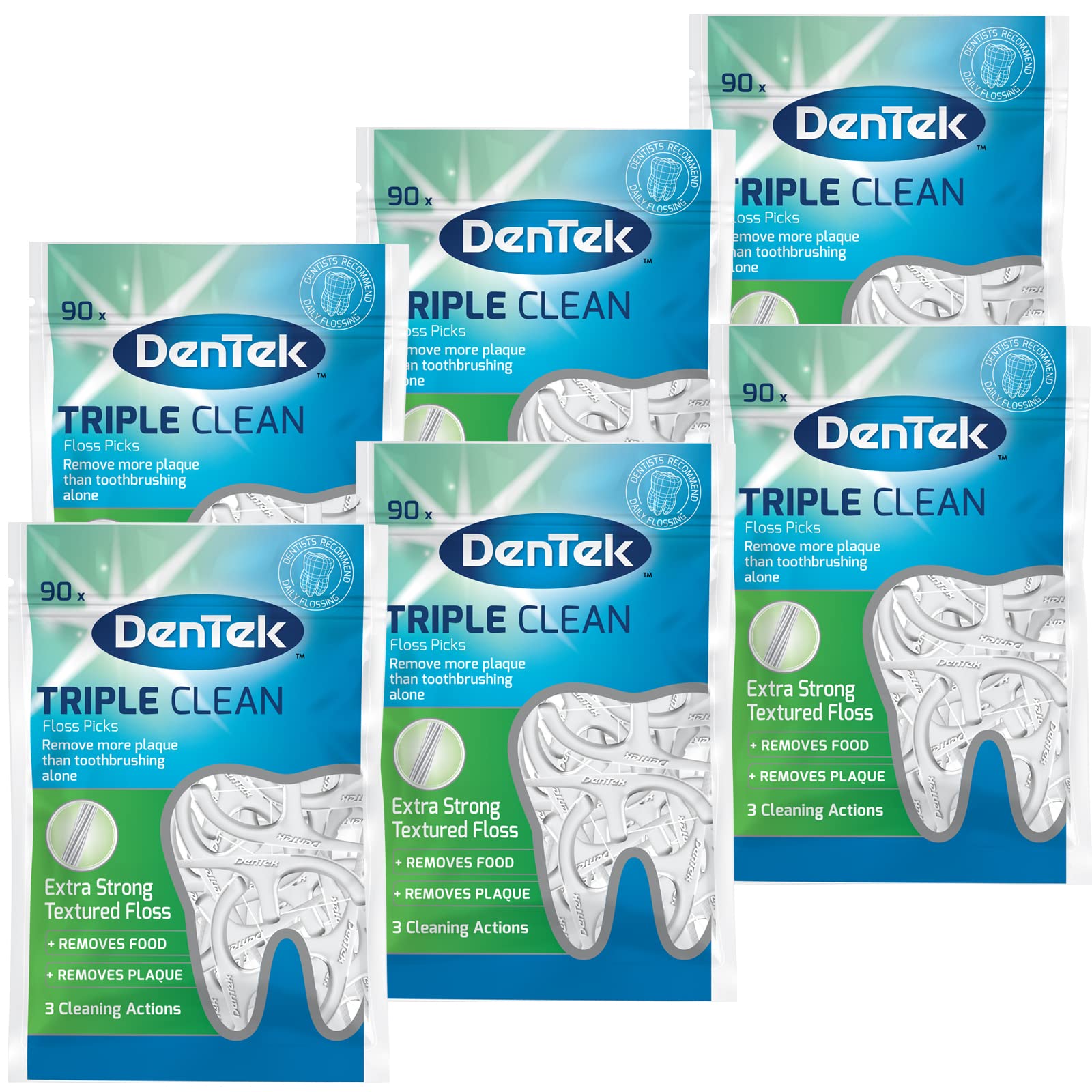 DenTekTriple Action Floss Picks - 90 Count x 6 Packs (540 Dental Floss Picks)