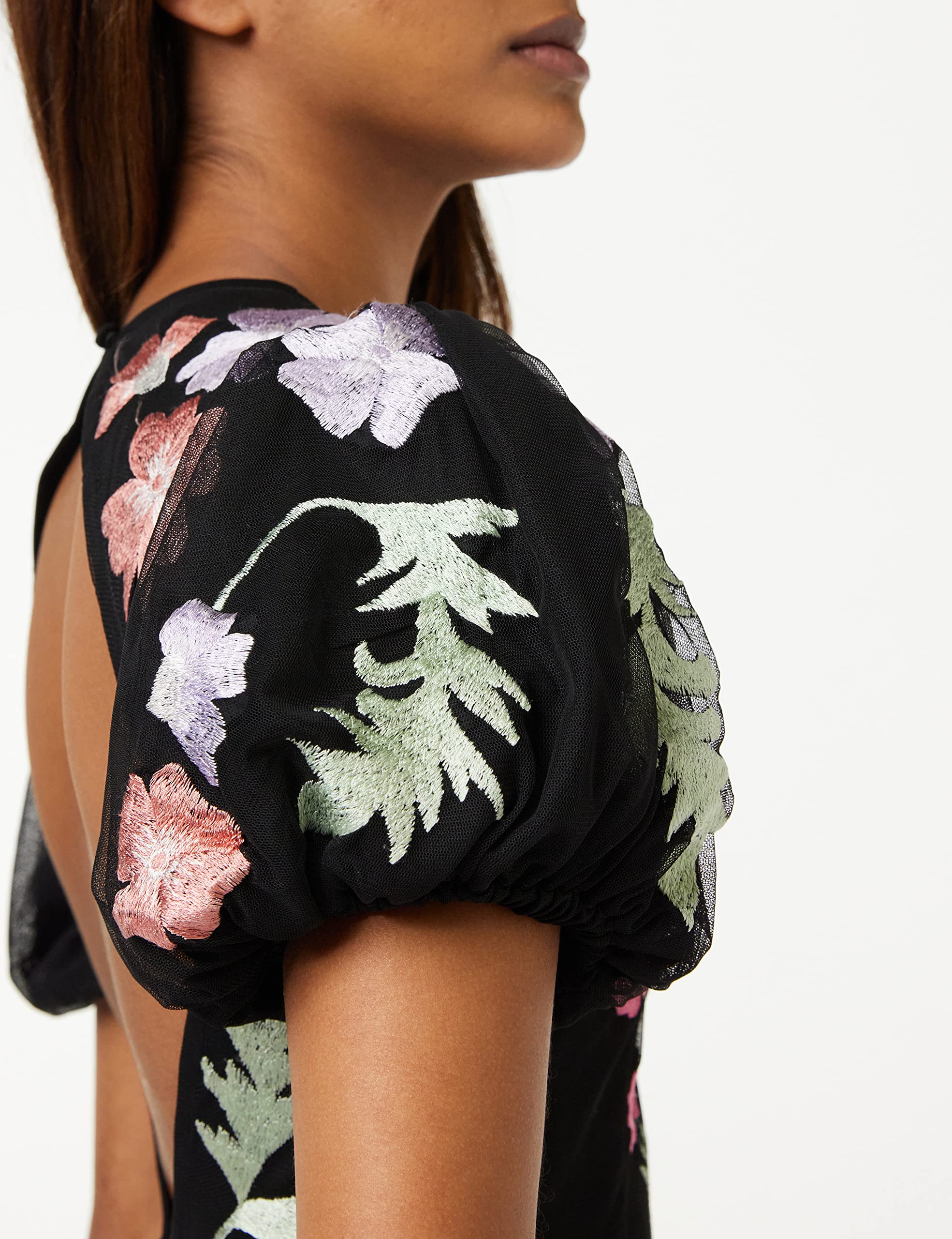 Maya Deluxe Womens Maxi Dress Ladies Floral Embroidered Open Back Puff Sleeves Dress For Wedding Guest Bridesmaid Prom Occasion Vestido Mujer