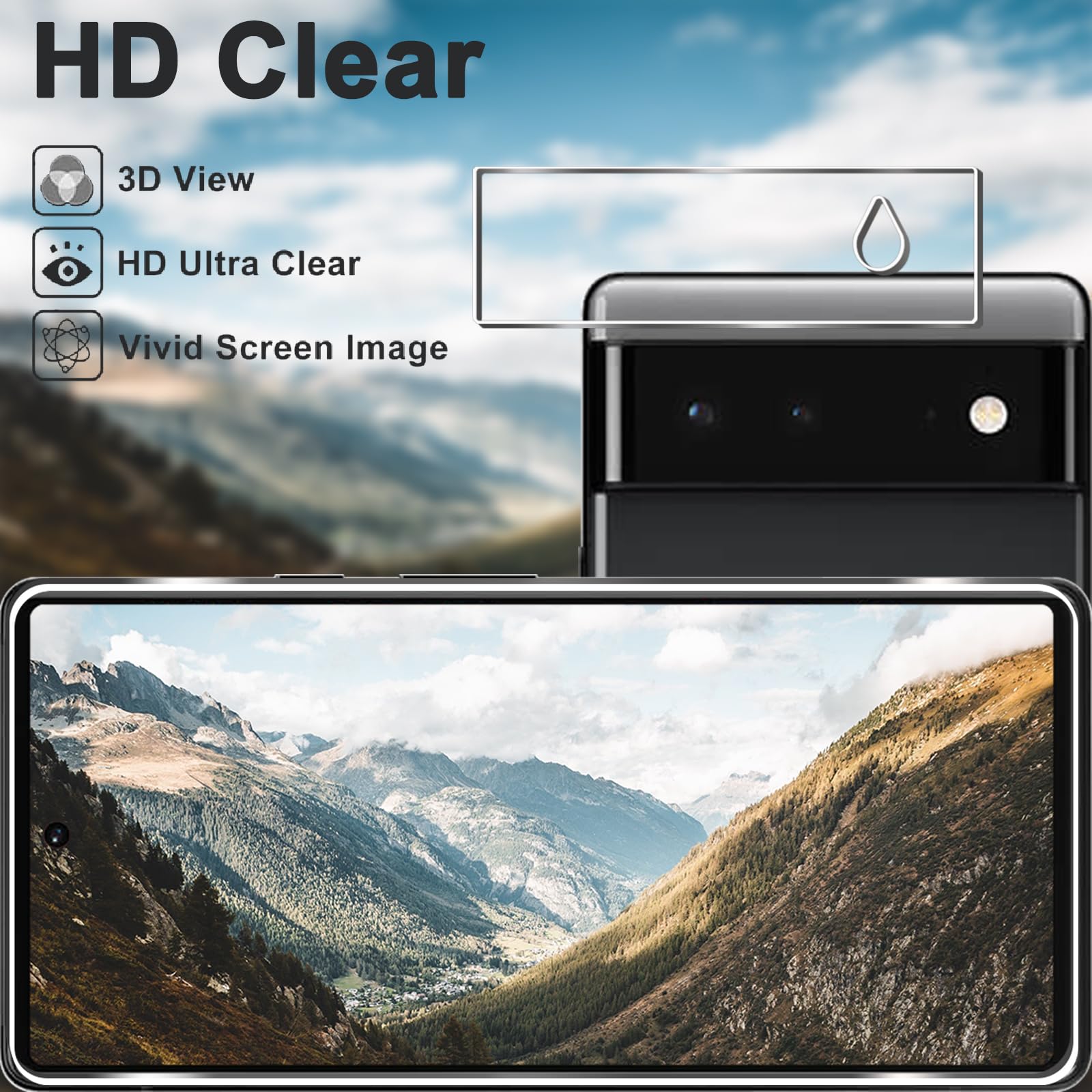 [3+3 sztuki] Ochraniacz ekranu Pixel 6 + osłona obiektywu aparatu, folia ze szkła hartowanego HD, odblokowywanie odcisków palców, odporna na zarysowania, łatwa instalacja, bez pęcherzyków powietrza