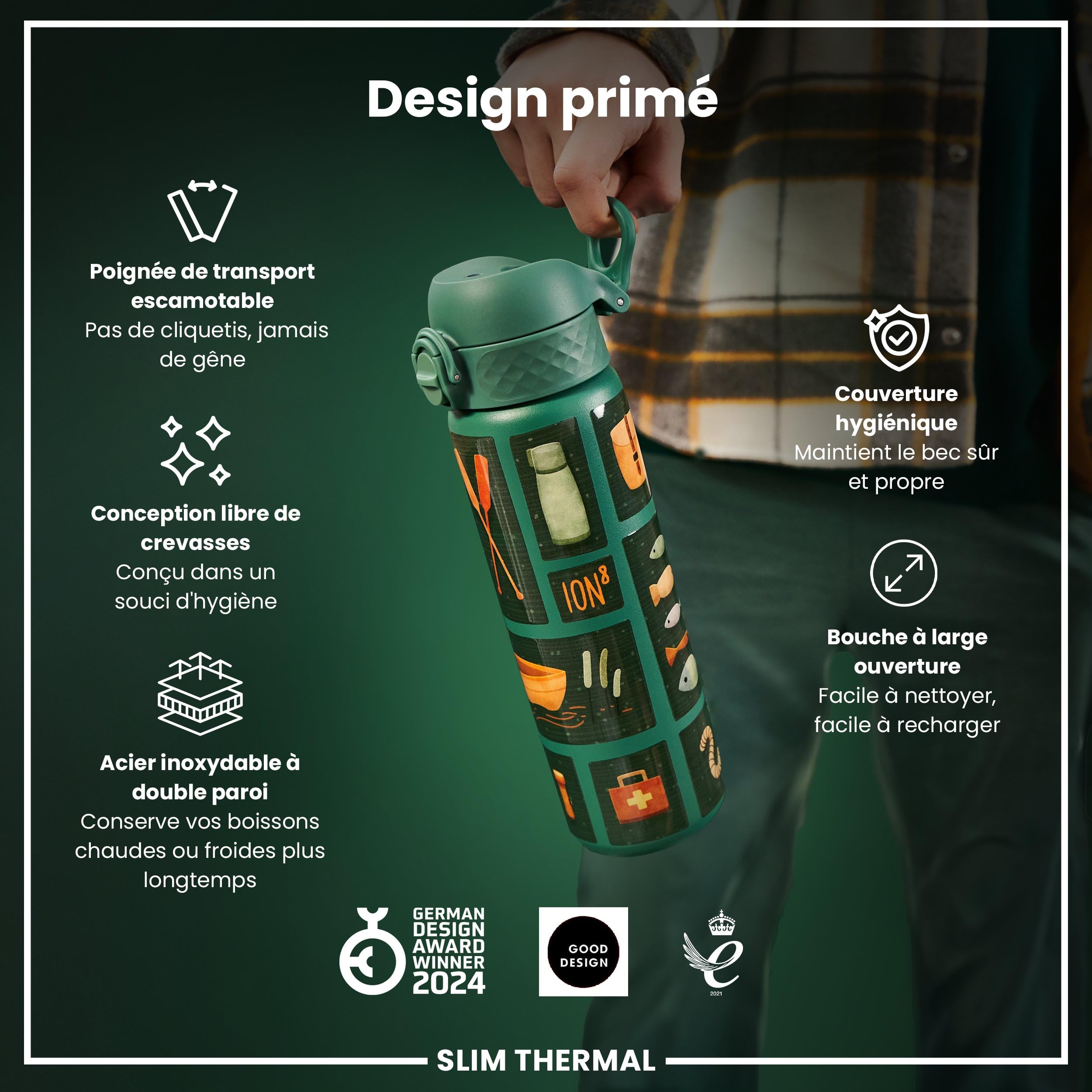Gourde Isotherme ION8 500 Ml - Acier Inoxydable, Double Paroi, Anti-fuite, Avec Poignée, Motif Automobiles, Lavable Au Lave-vaisselle