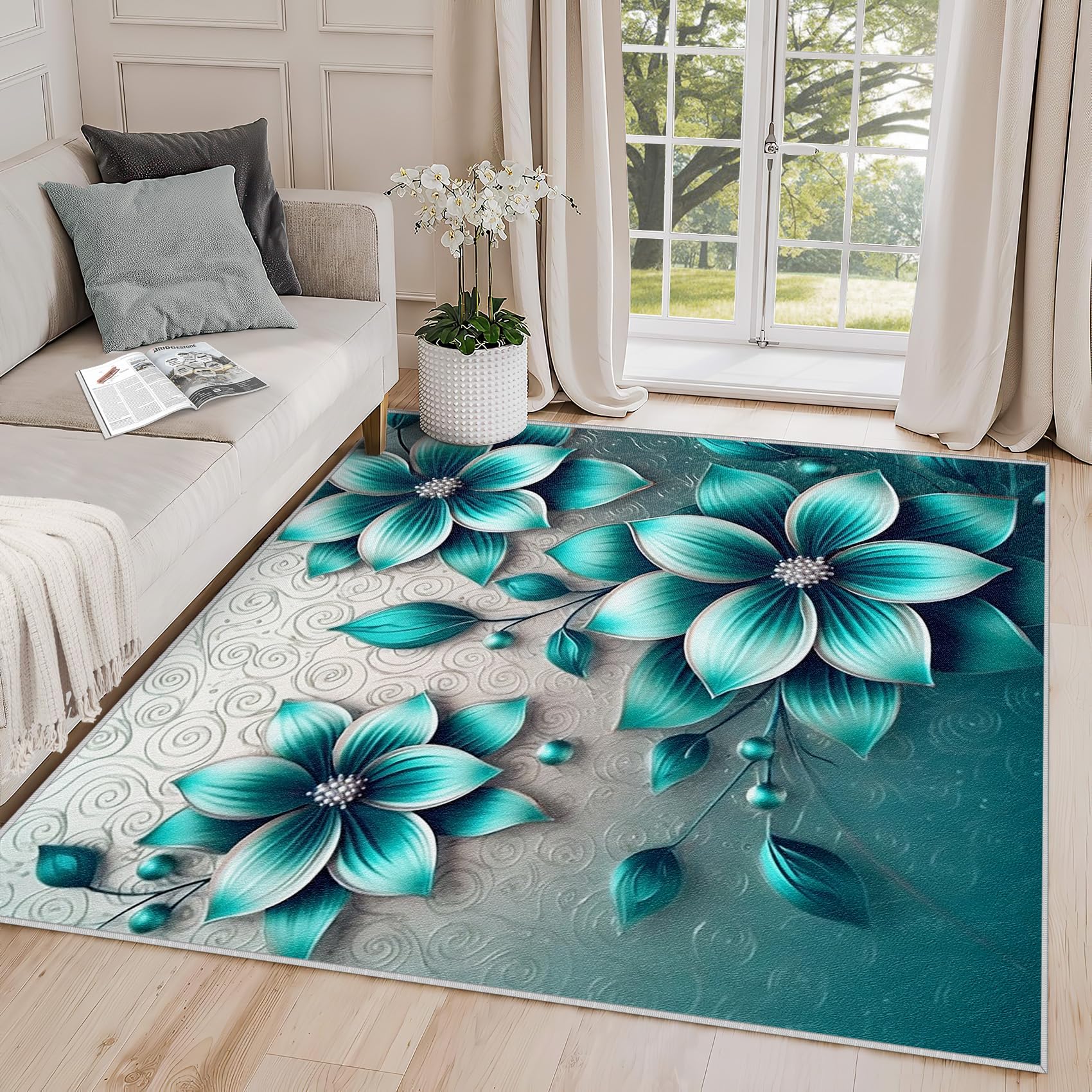 Yoozitrees Floral Rug 5x7 - Floral Rug, 5x6 Rug, Teal Flower Modern Abstract Area Rug, Elegant Botanical Turquoise Carpet, Washable & Non Slip & Soft