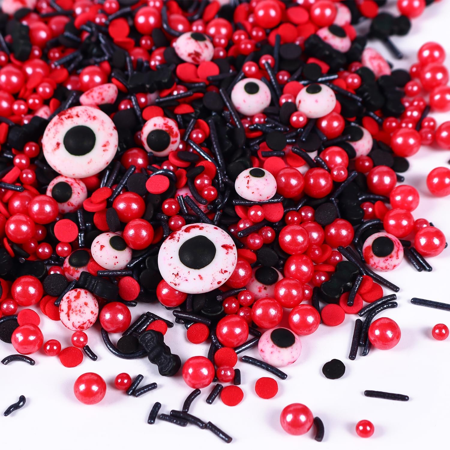 Eyeball Sprinkles for Cake Decorating, Black & Red Pearl Sprinkles with Black Bats & Eyeball Candy, Perfect for Halloween Dessert Party 4.23 Ounce