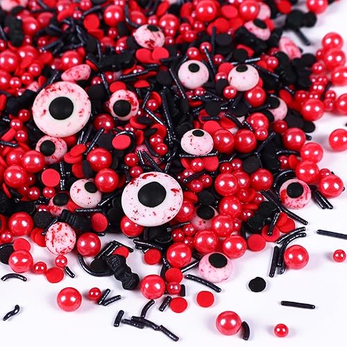 Gránulos de Halloween para decoración de pasteles, gránulos de perlas negras y rojas con murciélagos negros y dulces de globo ocular, perfectos para