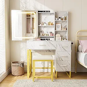Vanity Desk with Mirror and Lights, Wood Makeup Vanity Desk with Power Outlets, Cushioned Chair, Hairdryer Holder, 3 Lighting Colors, 4 Drawers and 5 Storage Shelves for Bedroom (Marble White)