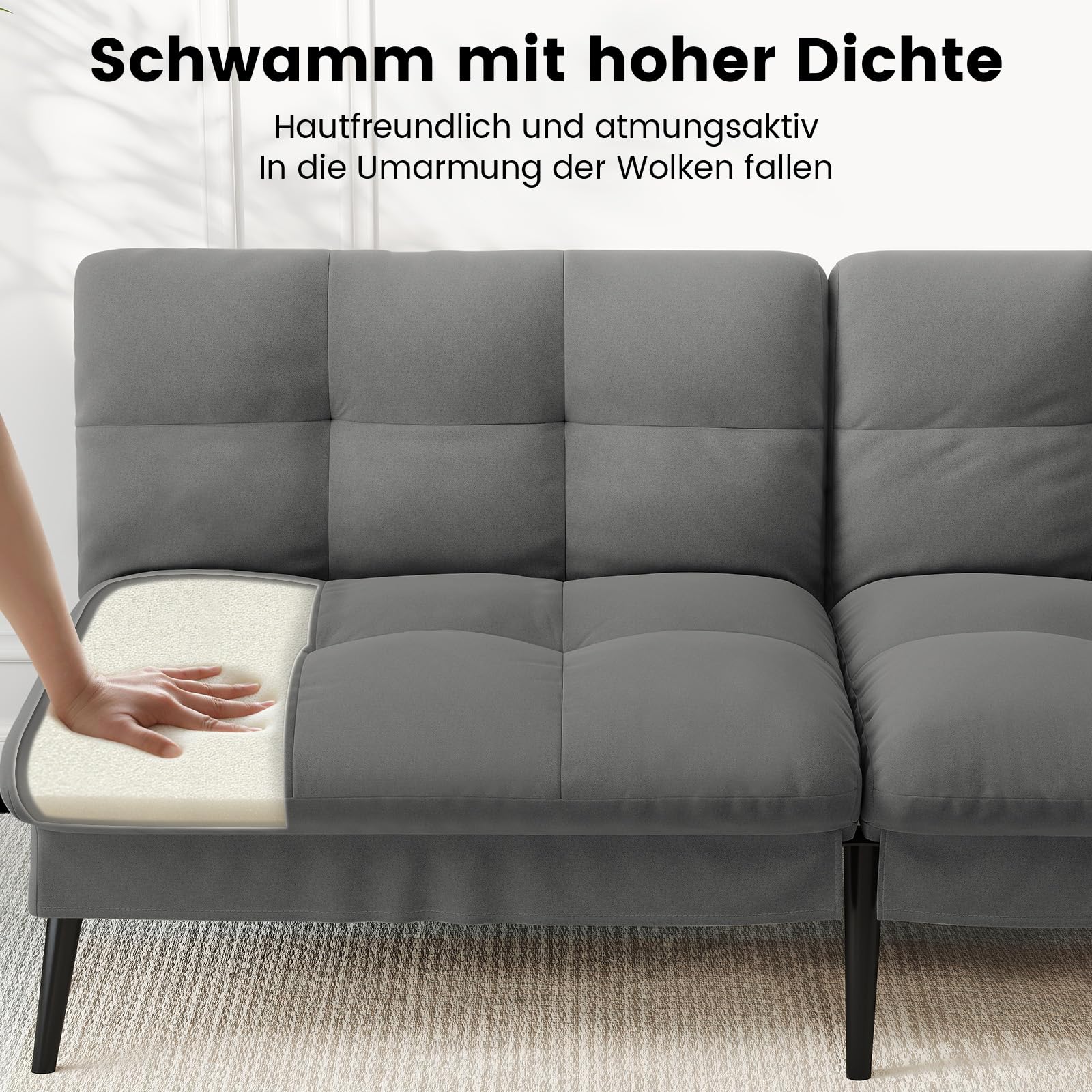 LUCKRACER Sofa 3 Sitzer Sofa Schlafsofa mit Schlaffunktion, überzug Futon Klappsofa, Bettcouch, ecksofa, Couch, 5 Verstellbare Winkel, Ideal für Wohnungen Wohnzimmer aus Stoff Grau