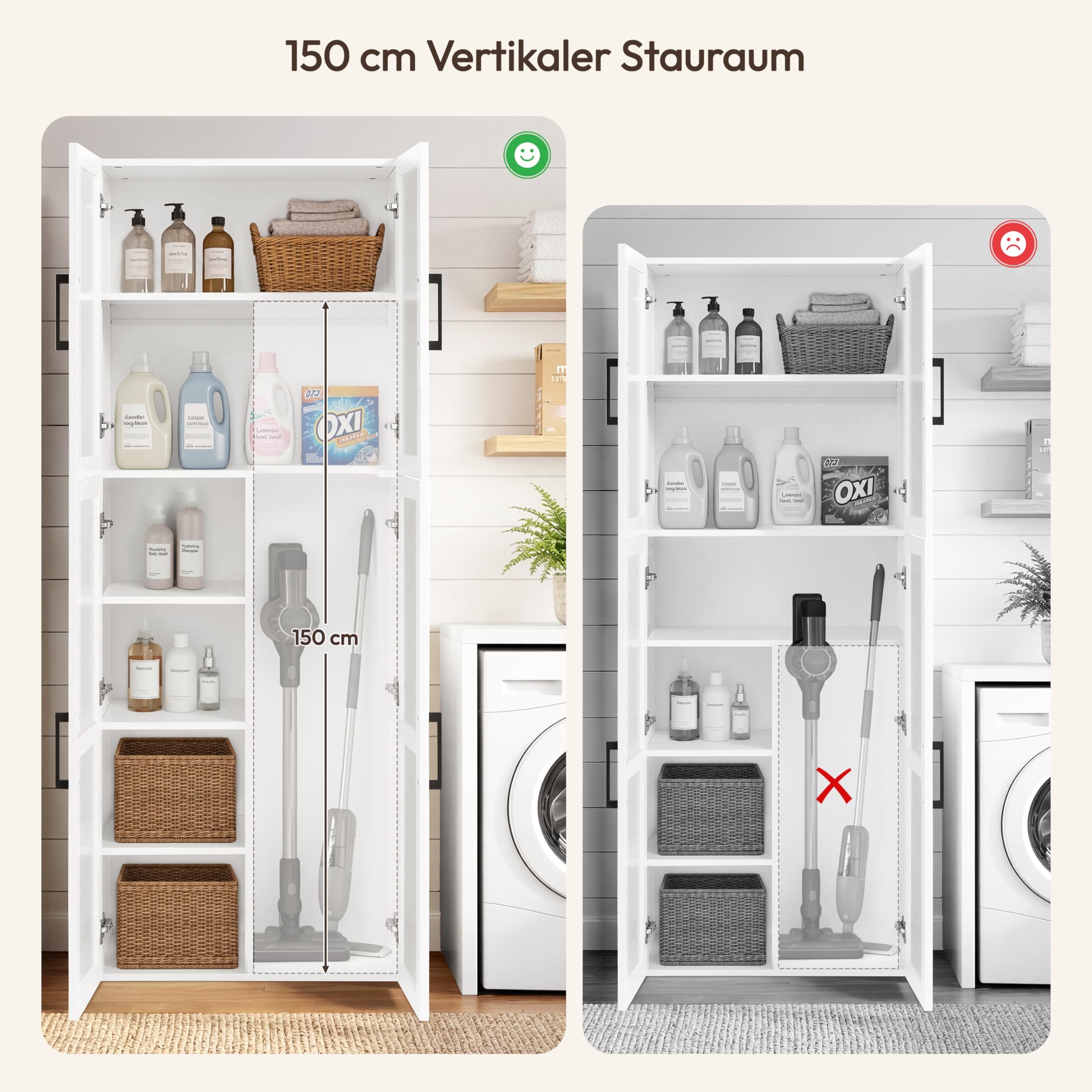Yaheetech 175,5 cm H Besenschrank, Mehrzweckschrank mit 4 Türen, 37,5 cm Vertiefung Vorratsschrank, Schlanker Aufbewahrungsschrank mit Staubsaugerfach, Weiß
