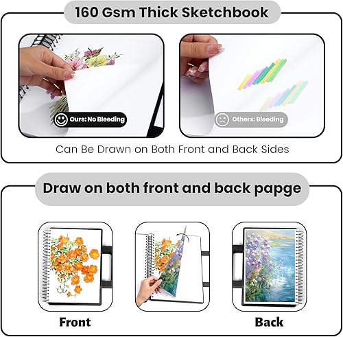 Miniatura 3 de Cuaderno de bocetos grande para dibujar de 9 x 12 pulgadas, portátil, encuadernado en espiral, con bolsillo (98 libras5.64 ozm), bloc de dibujo de