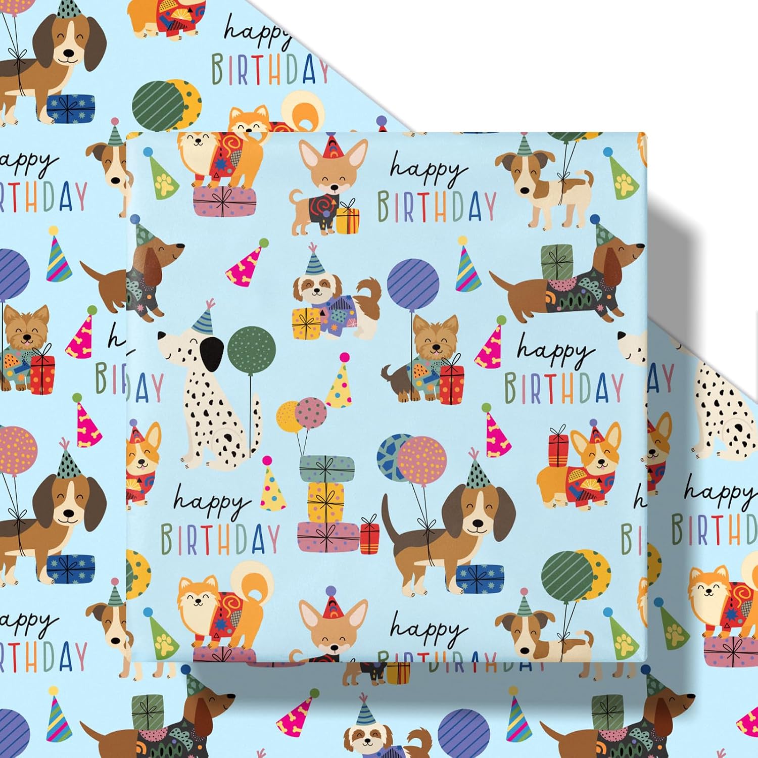RUSPEPA Dog Birthday Wrapping Paper Roll for Boys Girls, Mini Roll, Blue Puppy, Balloon and Gift Box Design with Happy Birthday Text Gift Wrap for Boys, Dog Lovers, Pet Party, 17 Inches x 16.4 Feet image 2