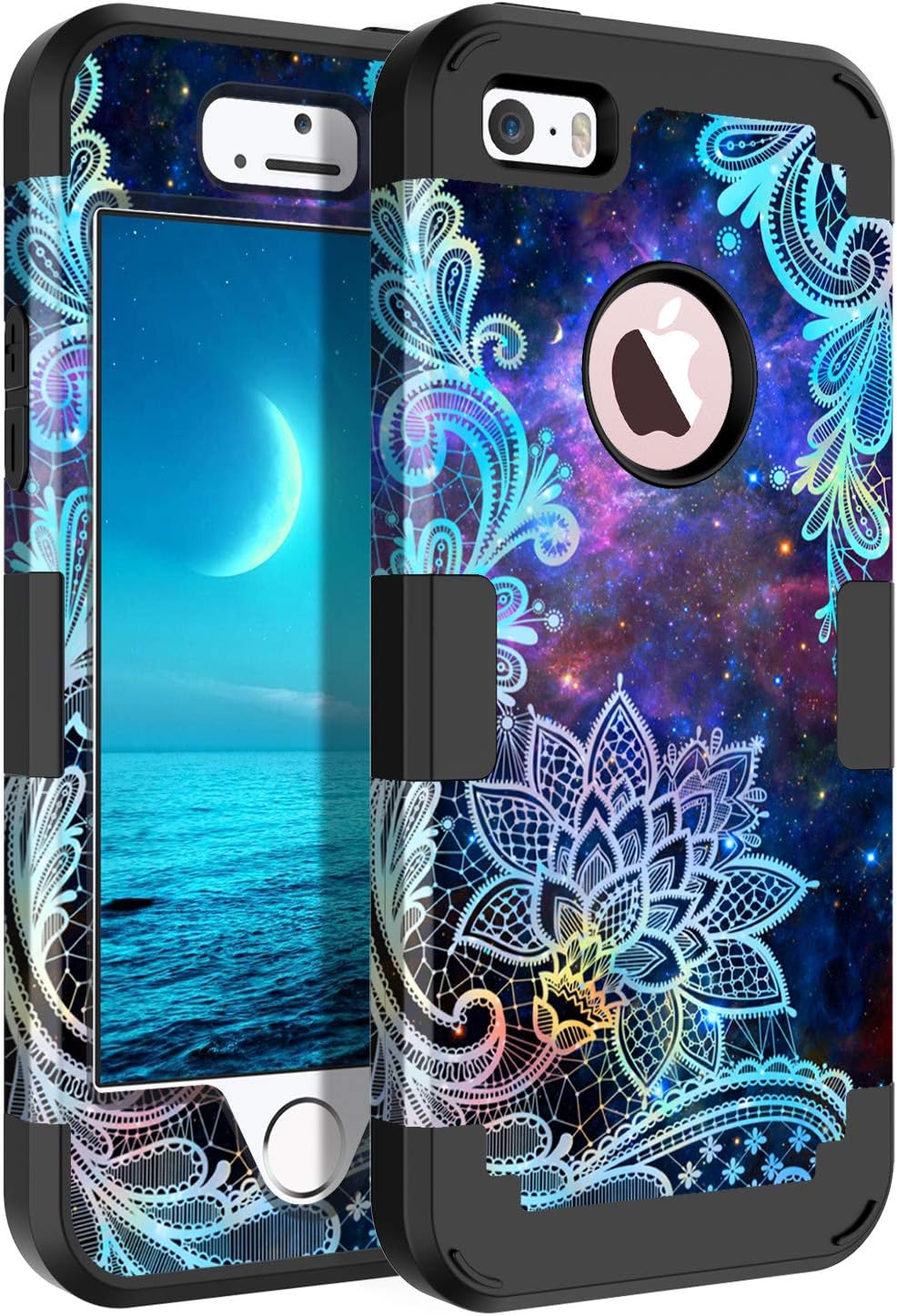 Casetego Compatible with iPhone 5 5S SE Case,Floral Three Layer Heavy Duty Hybrid Sturdy Shockproof Protective Cover Case for Apple iPhone 5 5S SE Case,Mandala