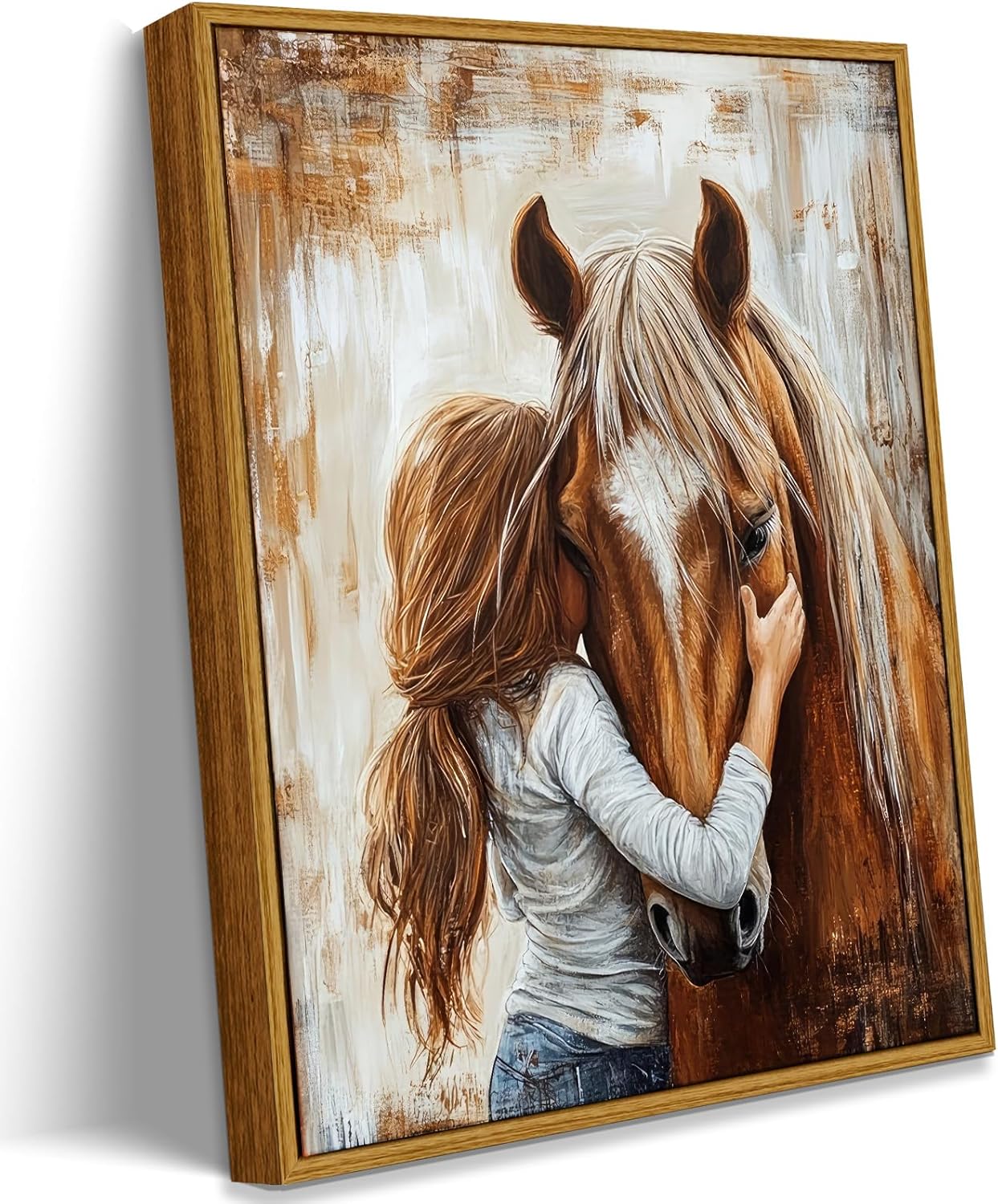 Framed Horse Canvas Wall Art Girl and Horse Rustic Farmhouse Equestrian Pictures Wall Decor for Girls Bedroom, Western Country Art for Living Room Study (12x16in)