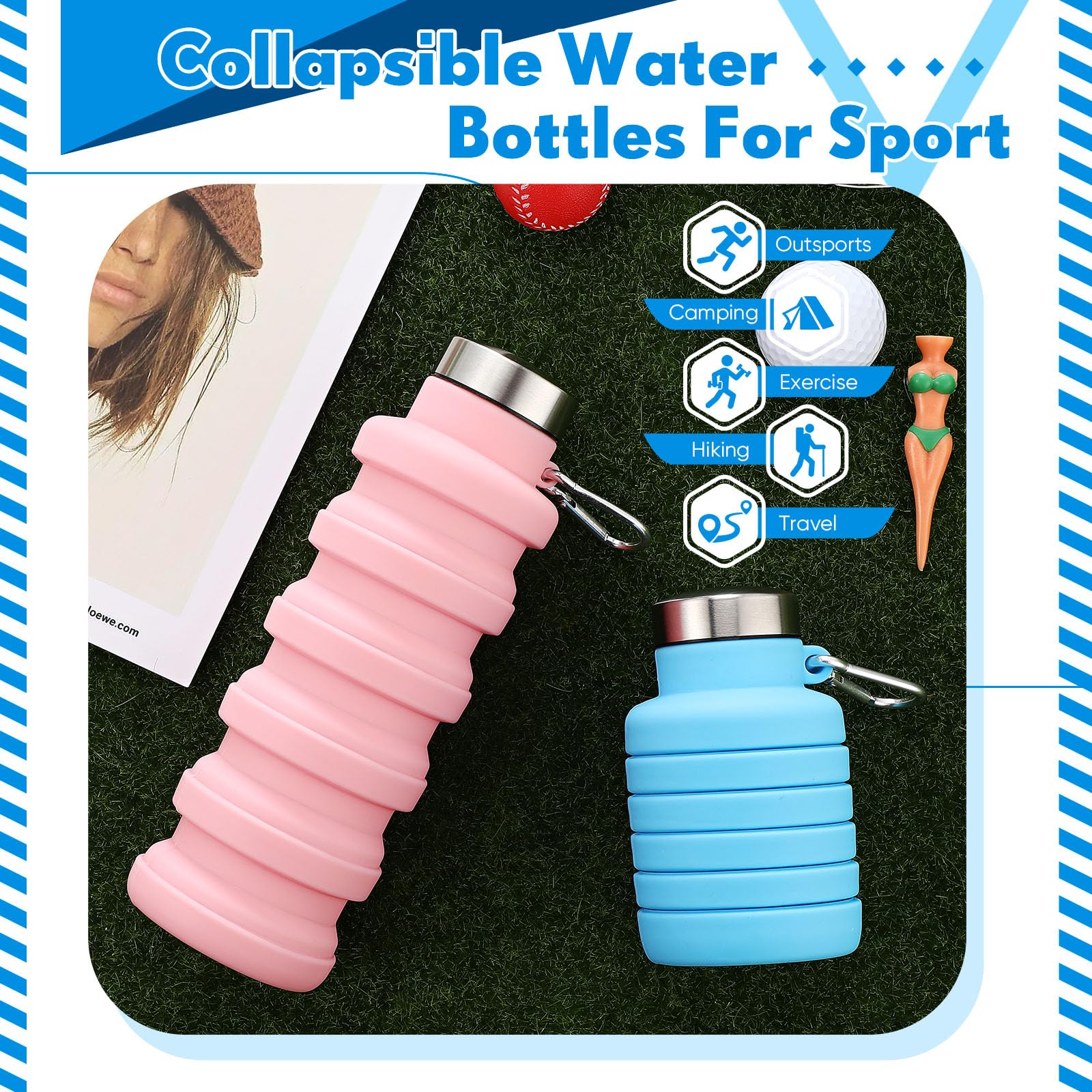 Baderke Faltbare Wasserflaschen aus Silikon, Reiseflasche, faltbar, tragbar, mit Schnalle, leicht, wiederverwendbar, auslaufsicher, für Camping, Wandern, Radfahren, Sport, Rosa, Blau, 2 Stück