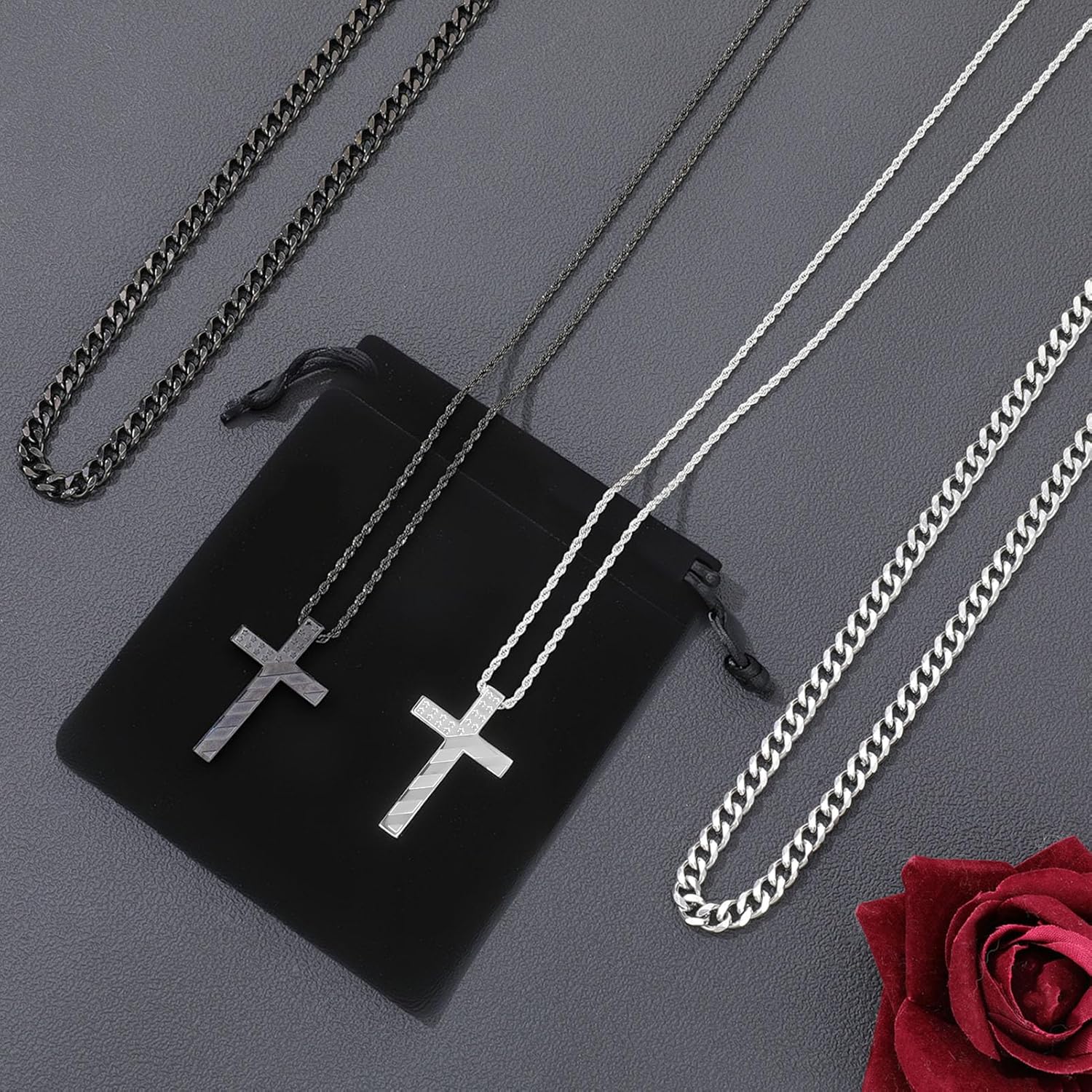 Valentines Day Gifts for Him, 4 PCS American Flag Cross Necklace for Men, Inspirational Bible Verse Chains Layered Pendant Necklaces with Velvet Bag for First Communion, Confirmation, Fathers Gifts, Graduation - Image 5