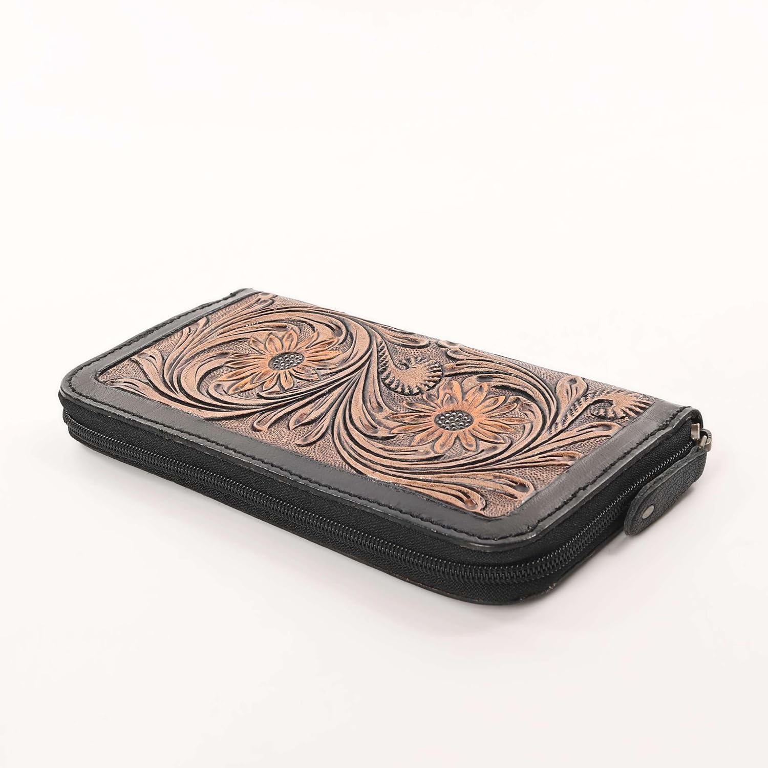 Merbaa Western Floral Tooled Leather Wallet for Women – Handcrafted Zip-Around Cowgirl Purse with Sunflower Design | Vintage Style Leather Organizer for Everyday Use - Image 4
