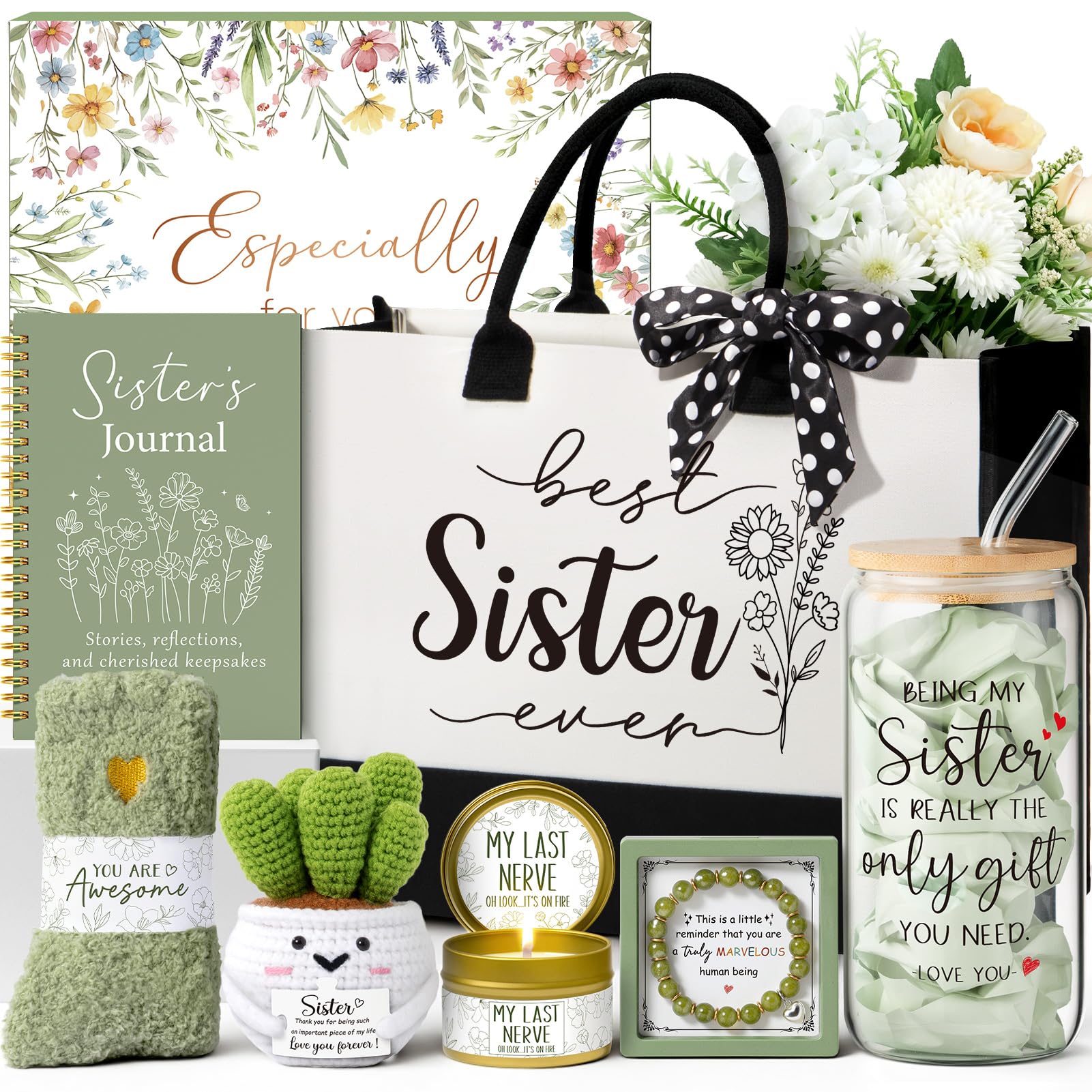 Regalos para mejores hermanas de hermana, regalos de cumpleaños para el día de la madre, regalo de hermano, divertida cuñada, cesta de regalo única para mejores amigas, con bolsa de lona de vidrio de