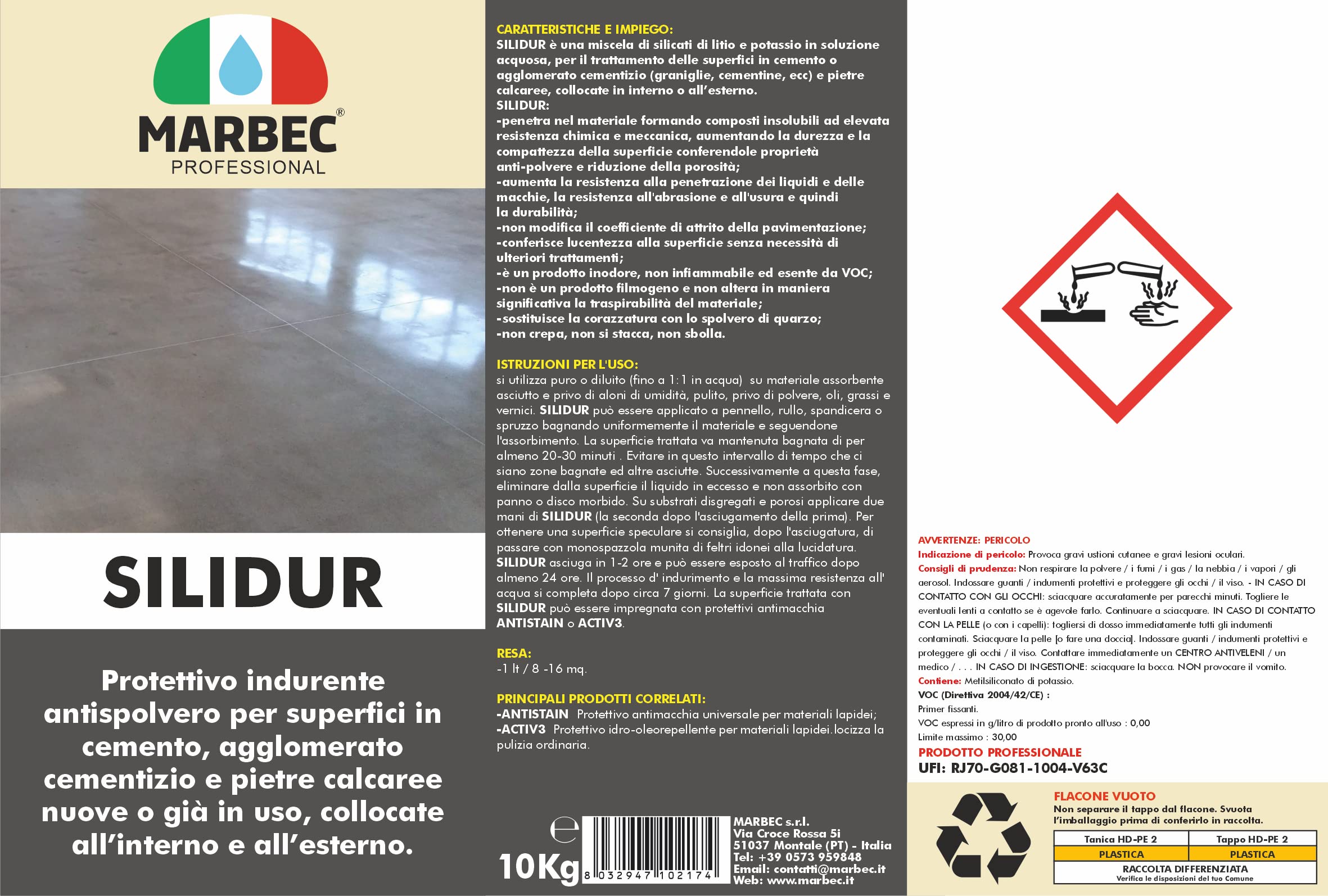 MARBEC SILIDUR 10KG Silicato indurente per superfici in cemento