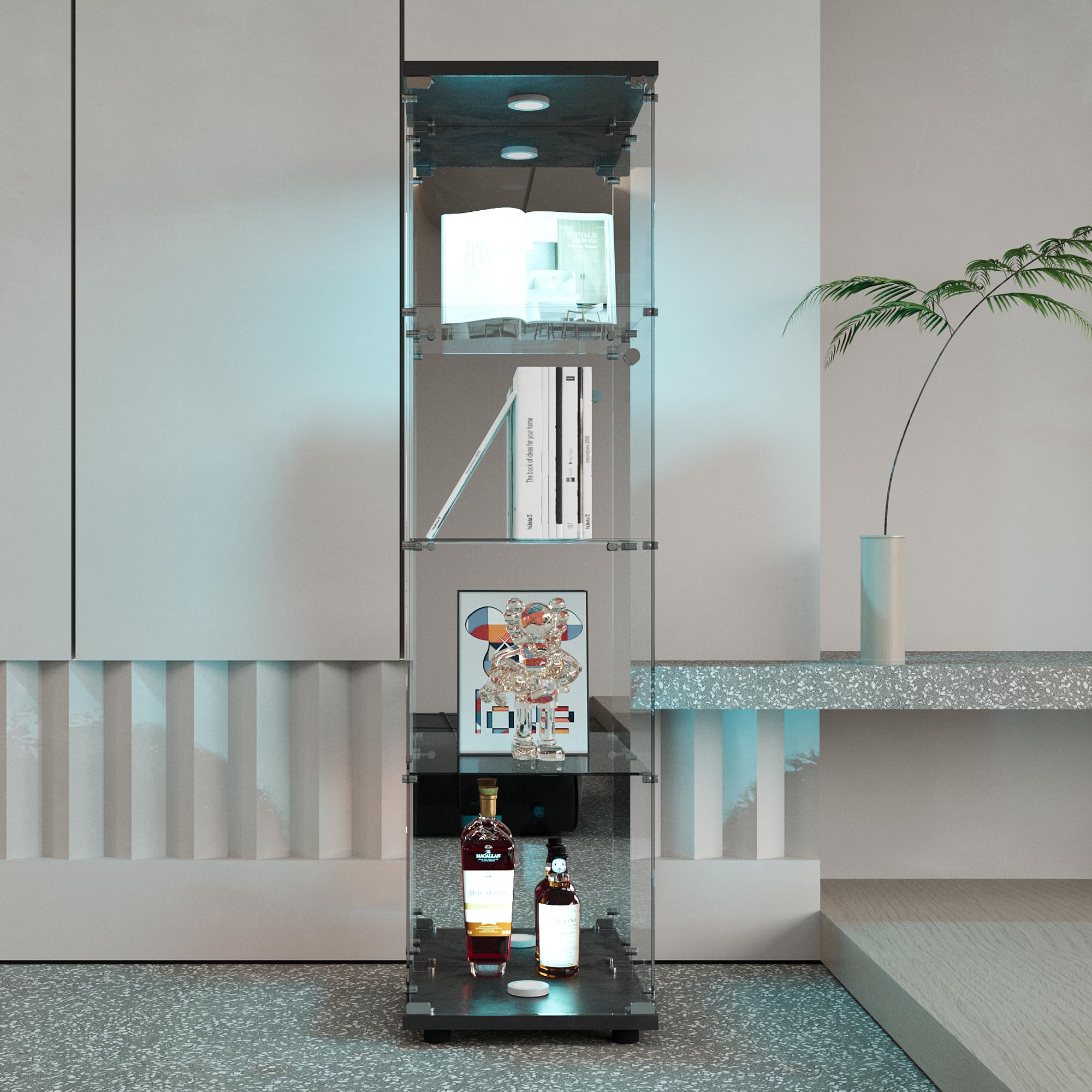Vitrine en verre 4 couches BSGMSGN avec lumières LED et miroir 1 porte et serrure, étagère indép. (noir)
