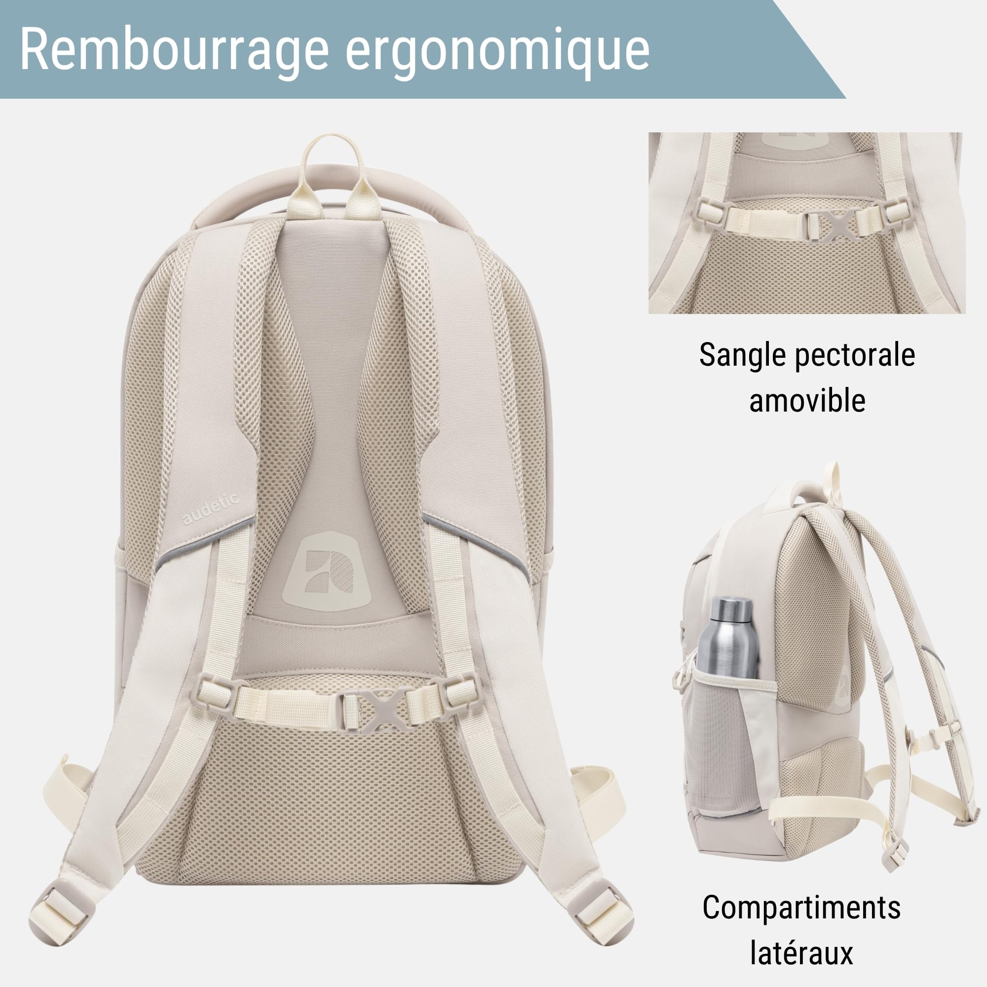 Audetic Sac à Dos Scolaire pour Adolescents Beige - AERO Backpack - Cartable pour Garçons et Filles - 21 litres - Sac à Dos Ergonomique avec de Nombreux Compartiments pour École et Loisirs - Hydrofuge