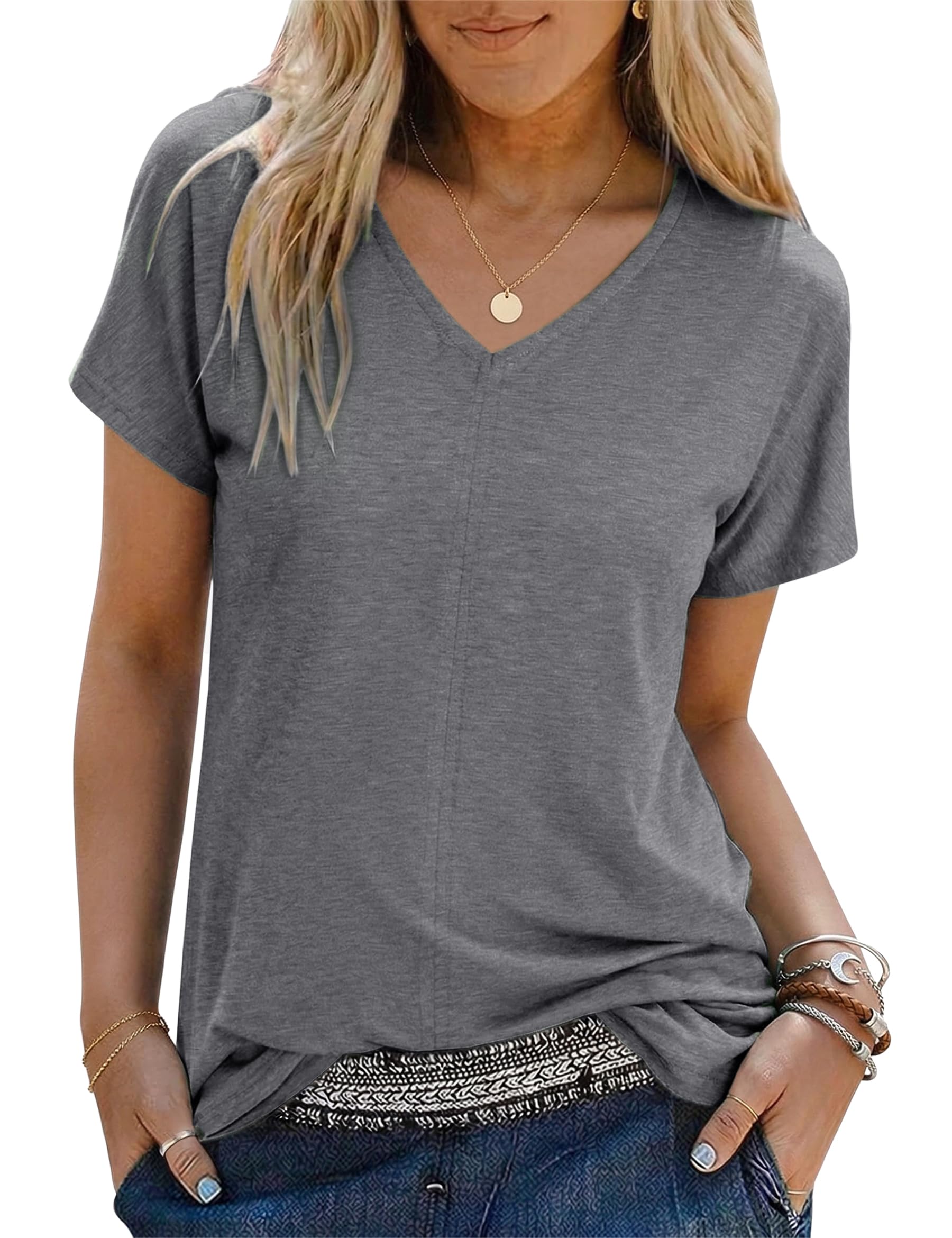 Jahetuul T-Shirt Damen Kurzarm mit V-Ausschnitt Locker geschnittenes Basic Shirt bequemes Sommer Oberteil für Alltag Büro Freizeit