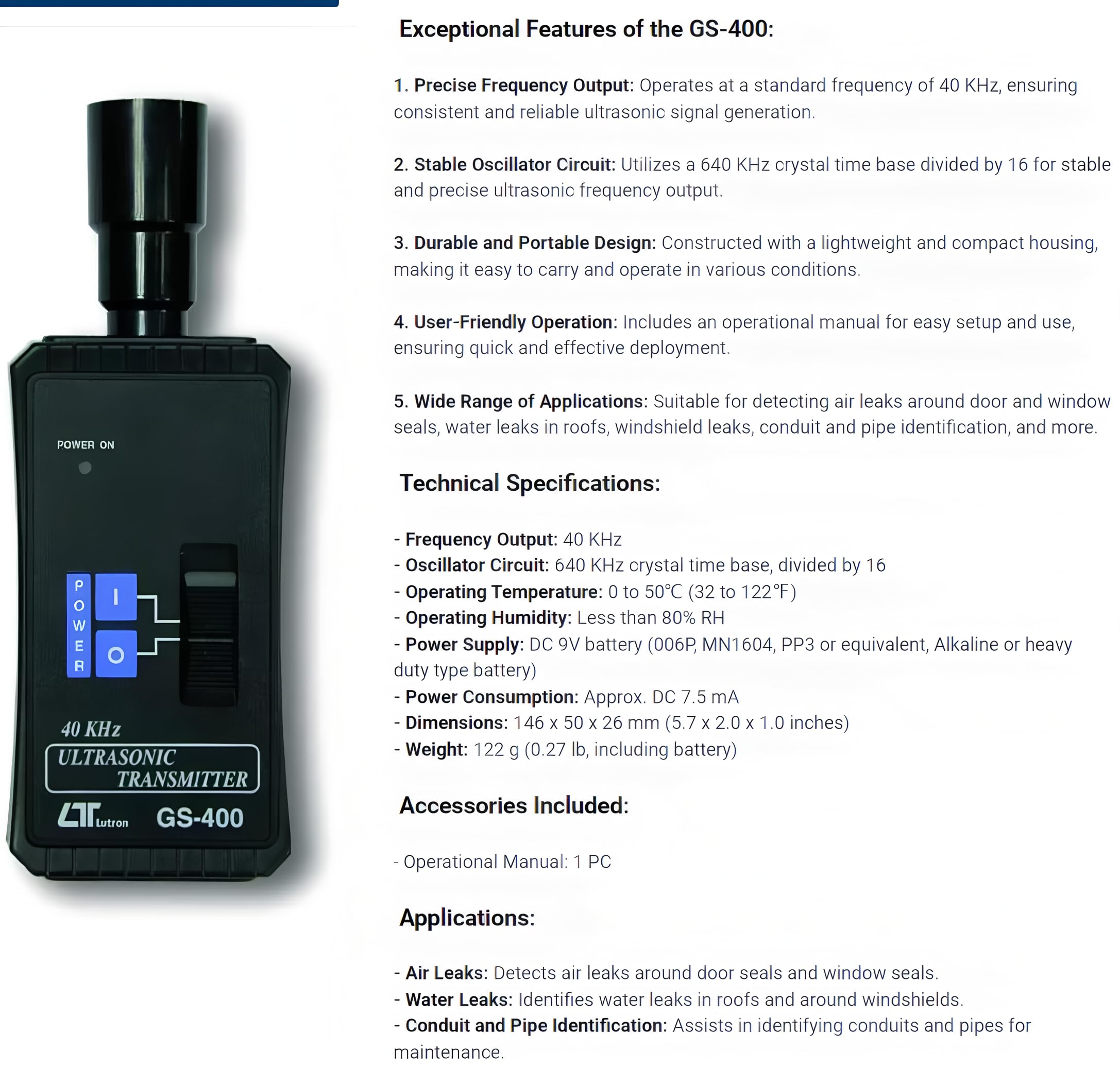 i-POOK ULTRASONIC LEAKAGE DETECTOR ULTRASONIC TRANSMITTER GS-400 to locate the source of ultrasonic emissions in Air Leaks/Water Leaks/Conduit and Pipe Identification Made in Taiwan