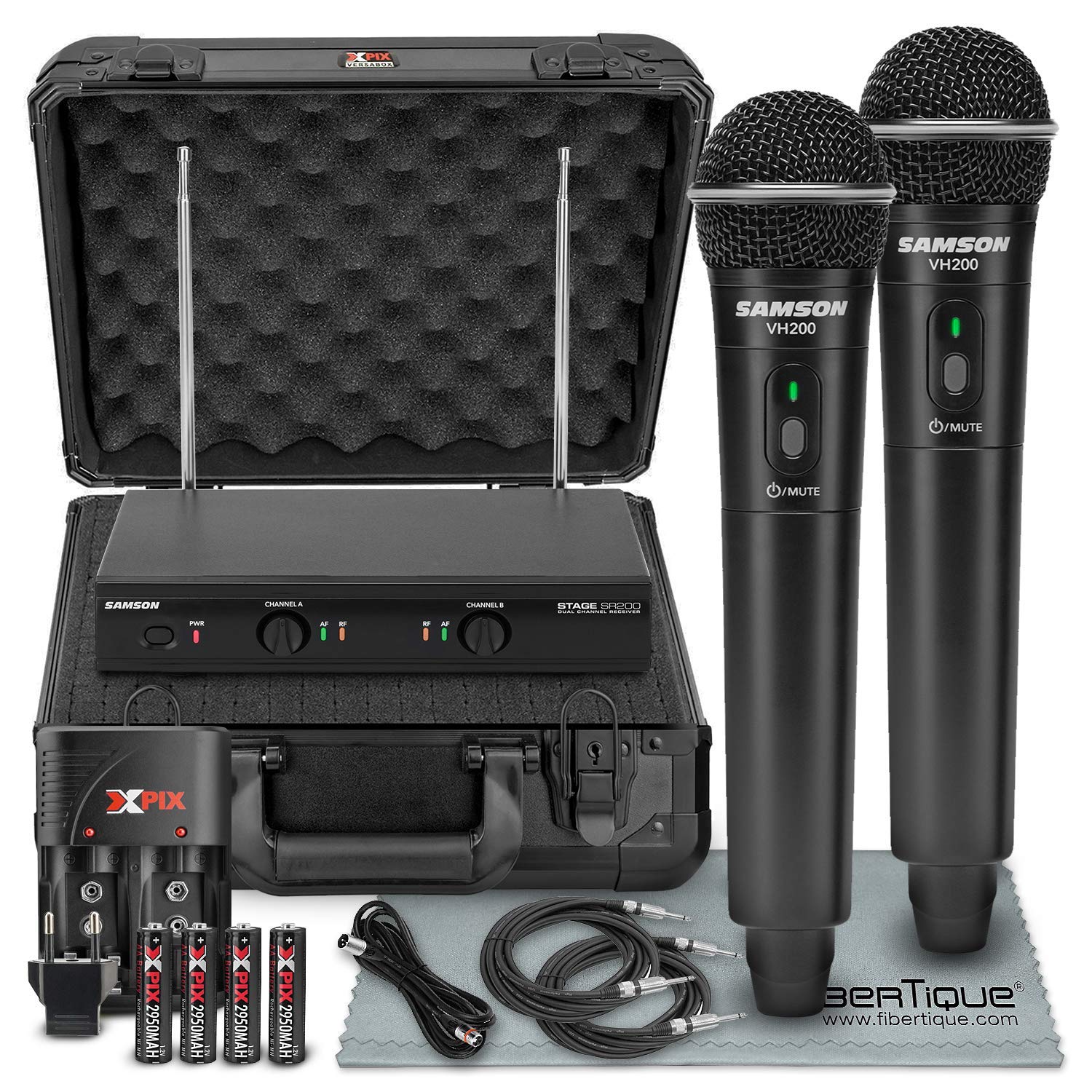 Samson Stage 200 - Dual-Channel Handheld VHF Wireless System (Channel D) W/ Deluxe Accessory Bundle and Hard Equipment Case + 2 X ¼ Cables + XLR Cable + FiberTique Cleaning Cloth