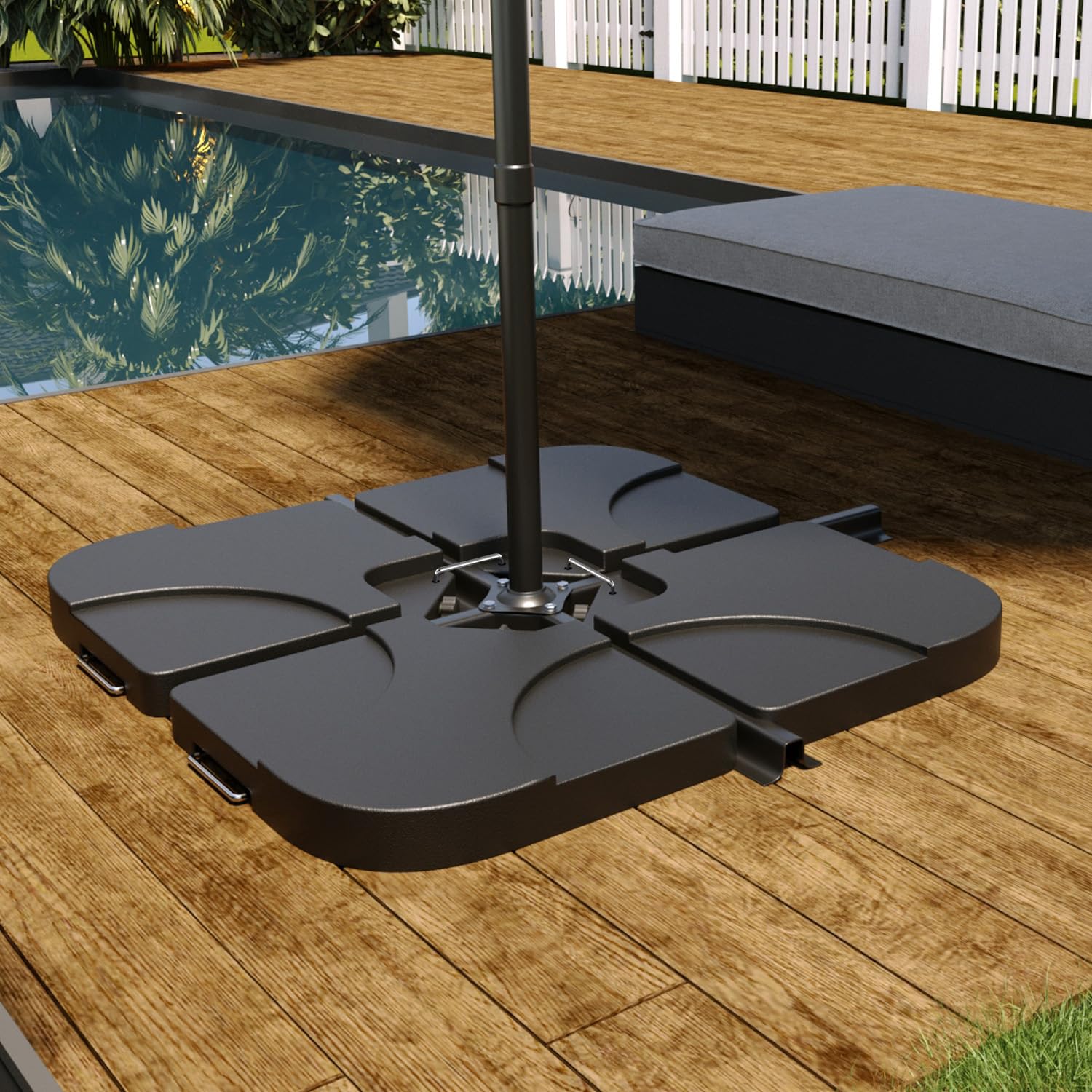 Set 4 Supporto Pesi Base Ombrellone Parasole Da Giardino In Plastica HDPE Riempibili Con Acqua E Sabbia 60 Litri / 100 Kg Adatti Per Ombrelloni Base A Croce 50 x 50 x 7.5 cm Nero