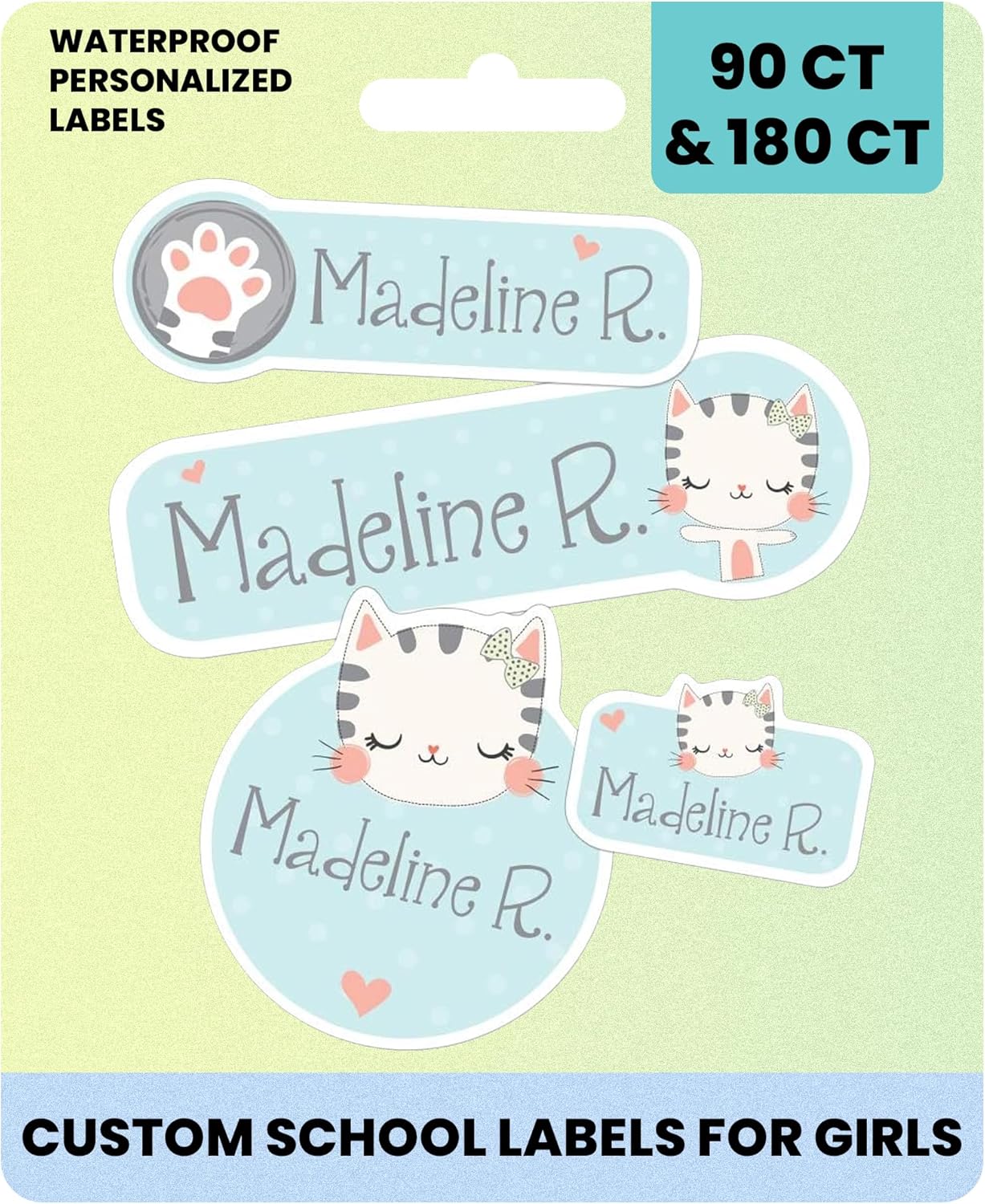 Custom Name Labels for Girls – Waterproof No-Iron Personalized Stickers for Daycare, School & Camp – Washable Multi-Size Labels for Bottles, Backpacks, Shoes & More – 90 or 180 Ct | Kitty Design
