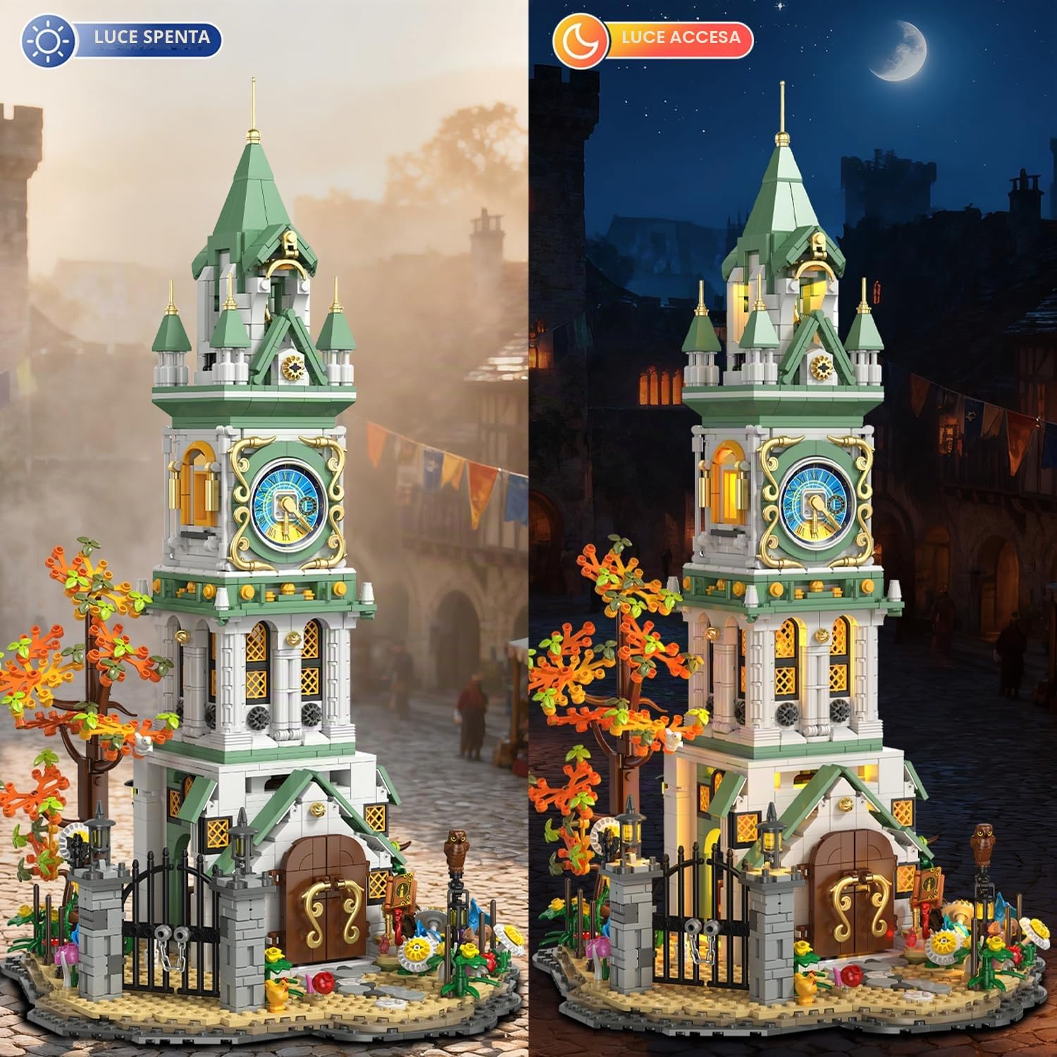 INSOON Campanile medievale casa kit di costruzione con luce, 1550PCS fiore castello architettura costruzione giocattolo con giardino botanico, regalo di compleanno per adulti bambini ragazzi ragazze 8