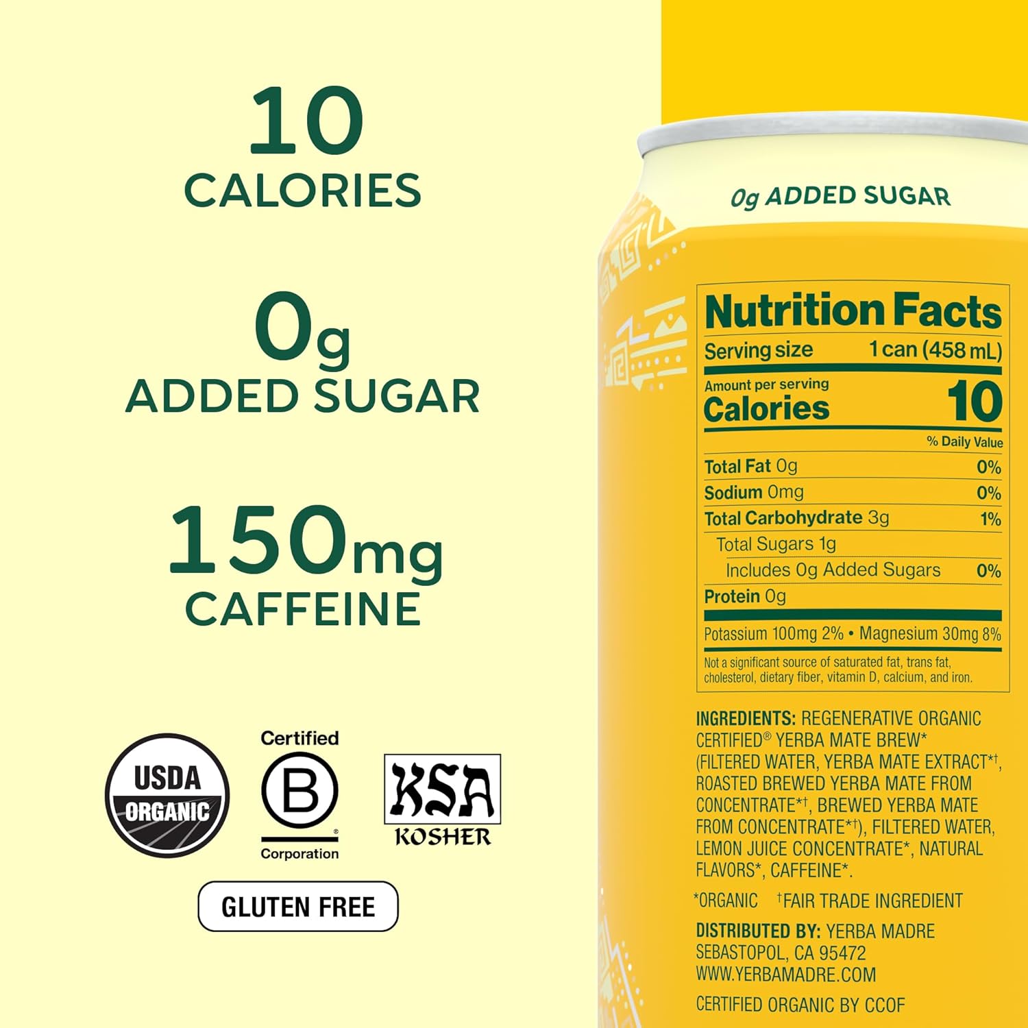 Yerba Madre Organic Yerba Mate, Energy Drink Alternative, Unsweetened Original Yerba, 150mg Plant Based Caffeine, Smooth Energy & Focus, No Jitters or Crash, 15.5oz Cans (Pack of 12)