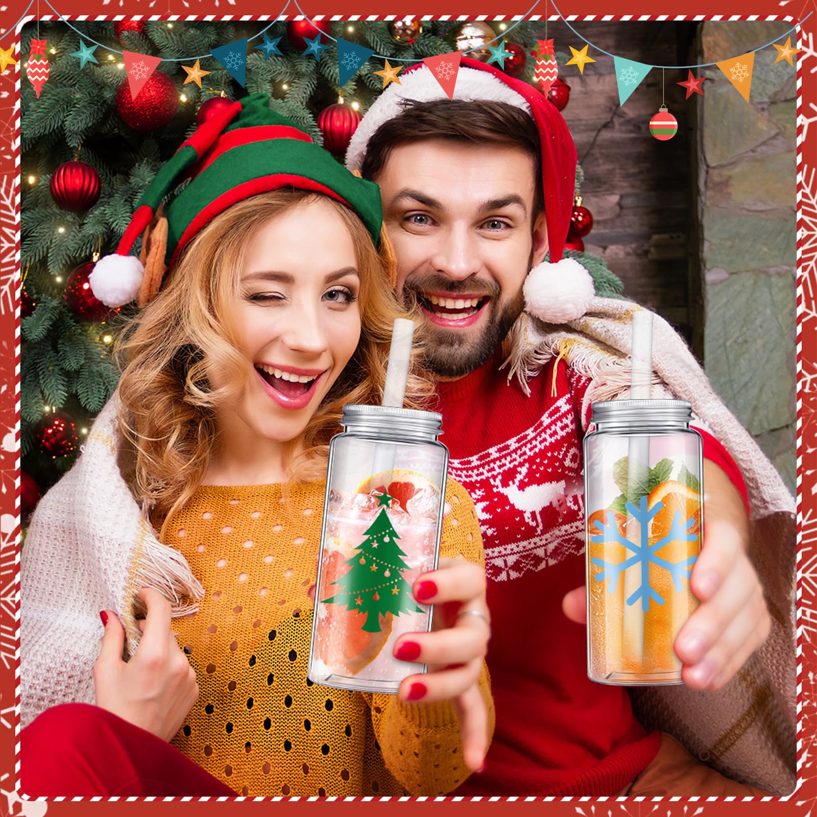 Layhit 20 Stück Weihnachtsbecher mit Deckel und Strohhalmen, 383 ml, wiederverwendbare Kunststoff-Trinkbecher, Reisebecher, Kunststoffbecher, Weihnachtsbecher, Weihnachtsbecher für Kinder und