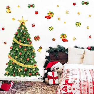 Large Christmas Tree Wall Decals Christmas Ornaments Wall Stickers Removable Christmas Tree Wall Decals Peel and Stick Xmas Tree Wall Stickers Christmas Bells Wall Decals Party Decorations